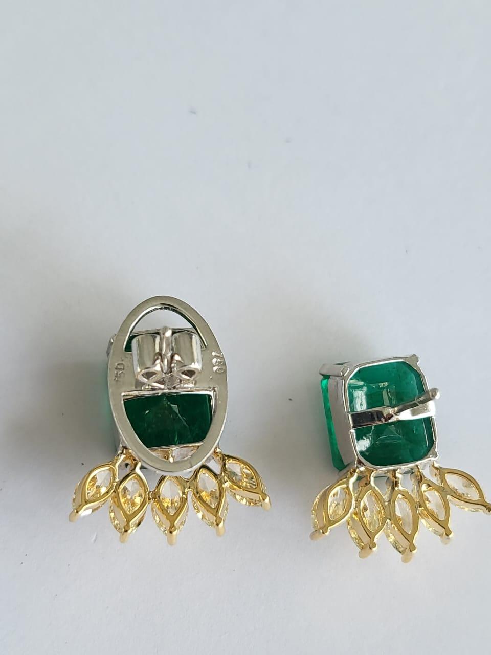 11.51 Carats, Natural Zambian Emeralds & Yellow Marquise Diamonds Stud Earrings For Sale 1
