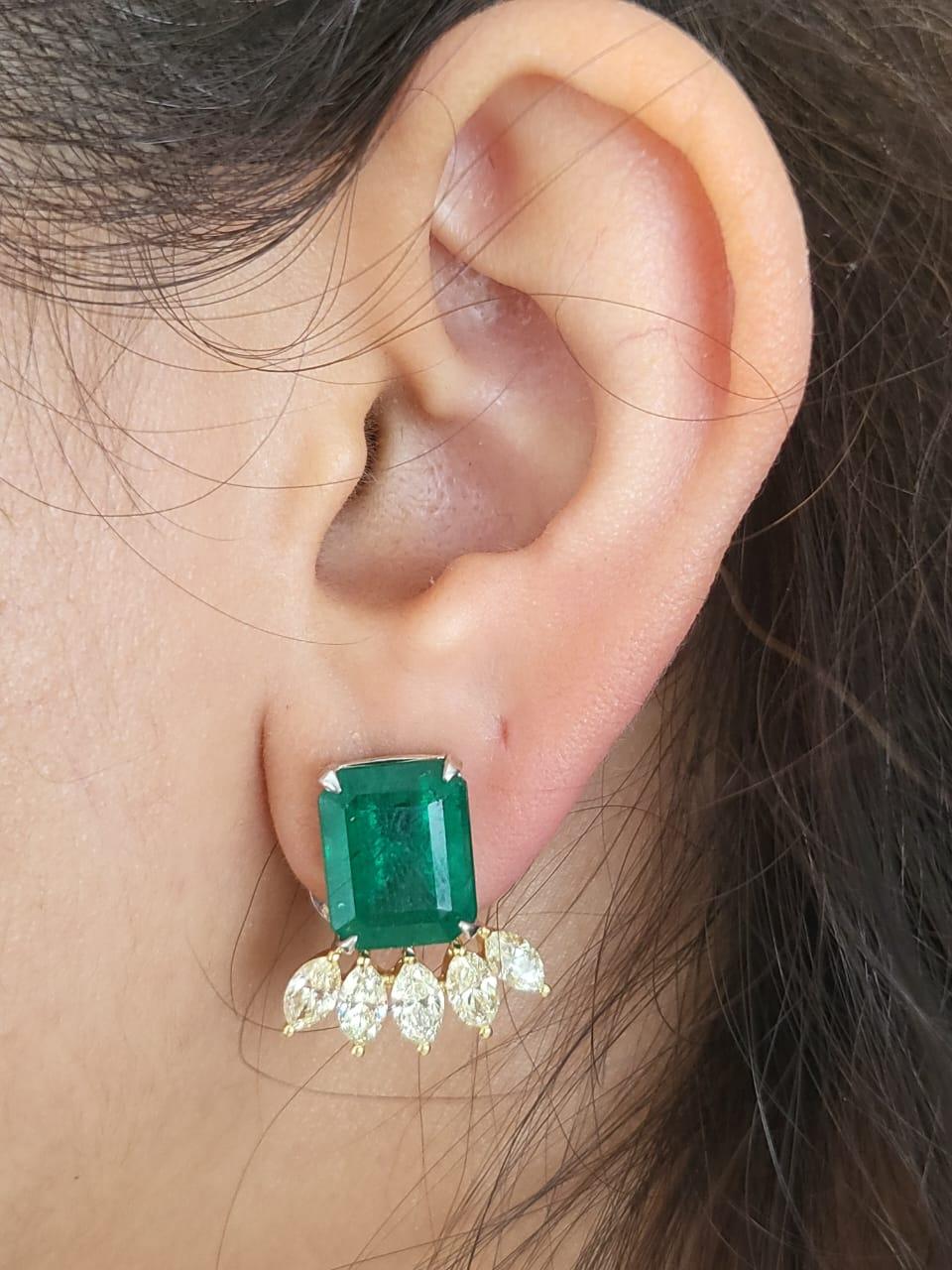 11.51 Carats, Natural Zambian Emeralds & Yellow Marquise Diamonds Stud Earrings For Sale 2