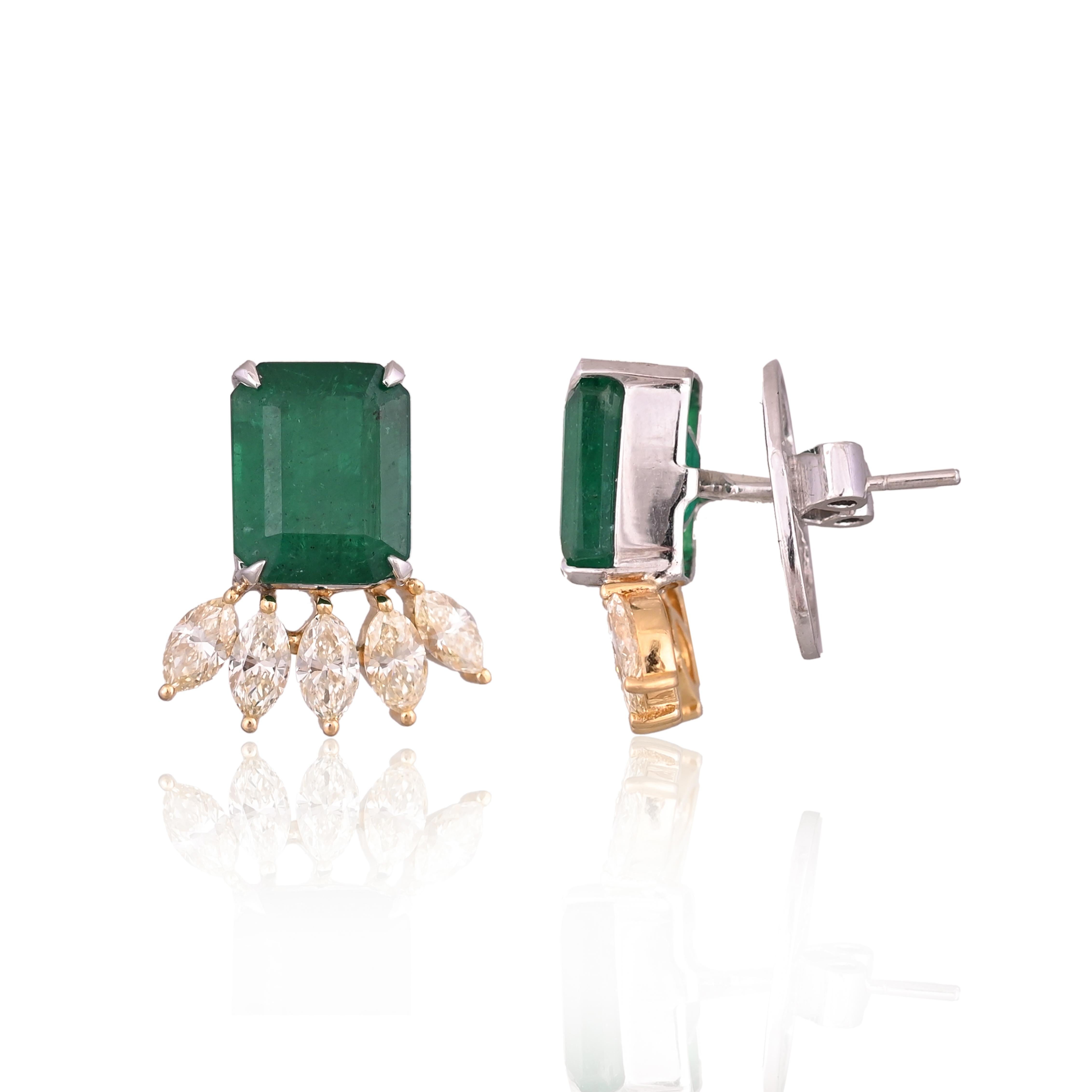11.51 Carats, Natural Zambian Emeralds & Yellow Marquise Diamonds Stud Earrings For Sale 3