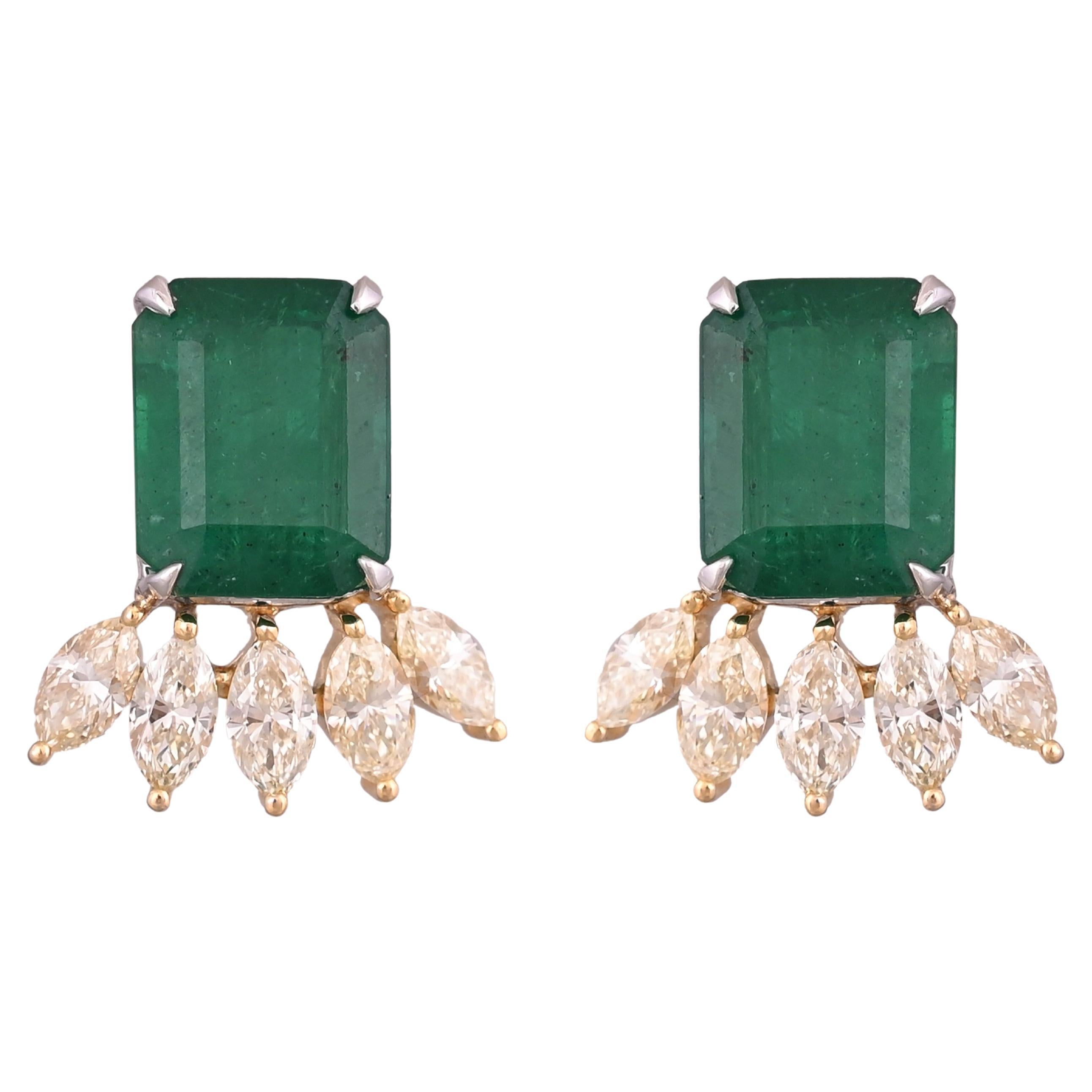 11.51 Carats, Natural Zambian Emeralds & Yellow Marquise Diamonds Stud Earrings