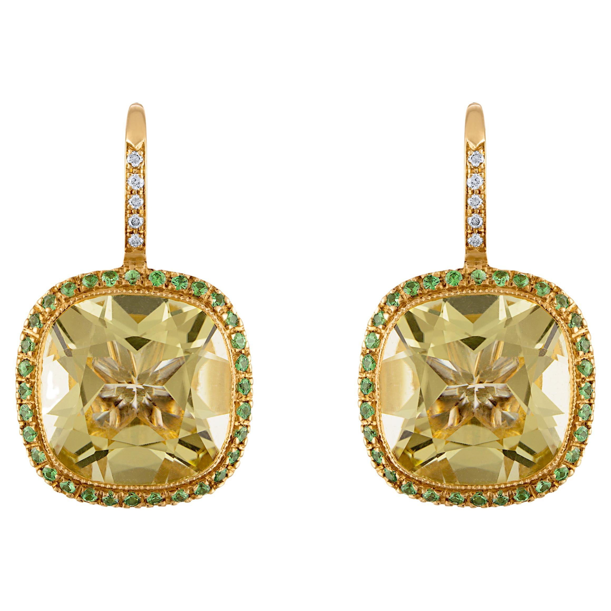 Boucles d'oreilles en quartz taille coussin de 11,52 carats, tsavorite et diamants
