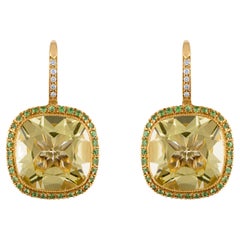 Boucles d'oreilles en quartz taille coussin de 11,52 carats, tsavorite et diamants