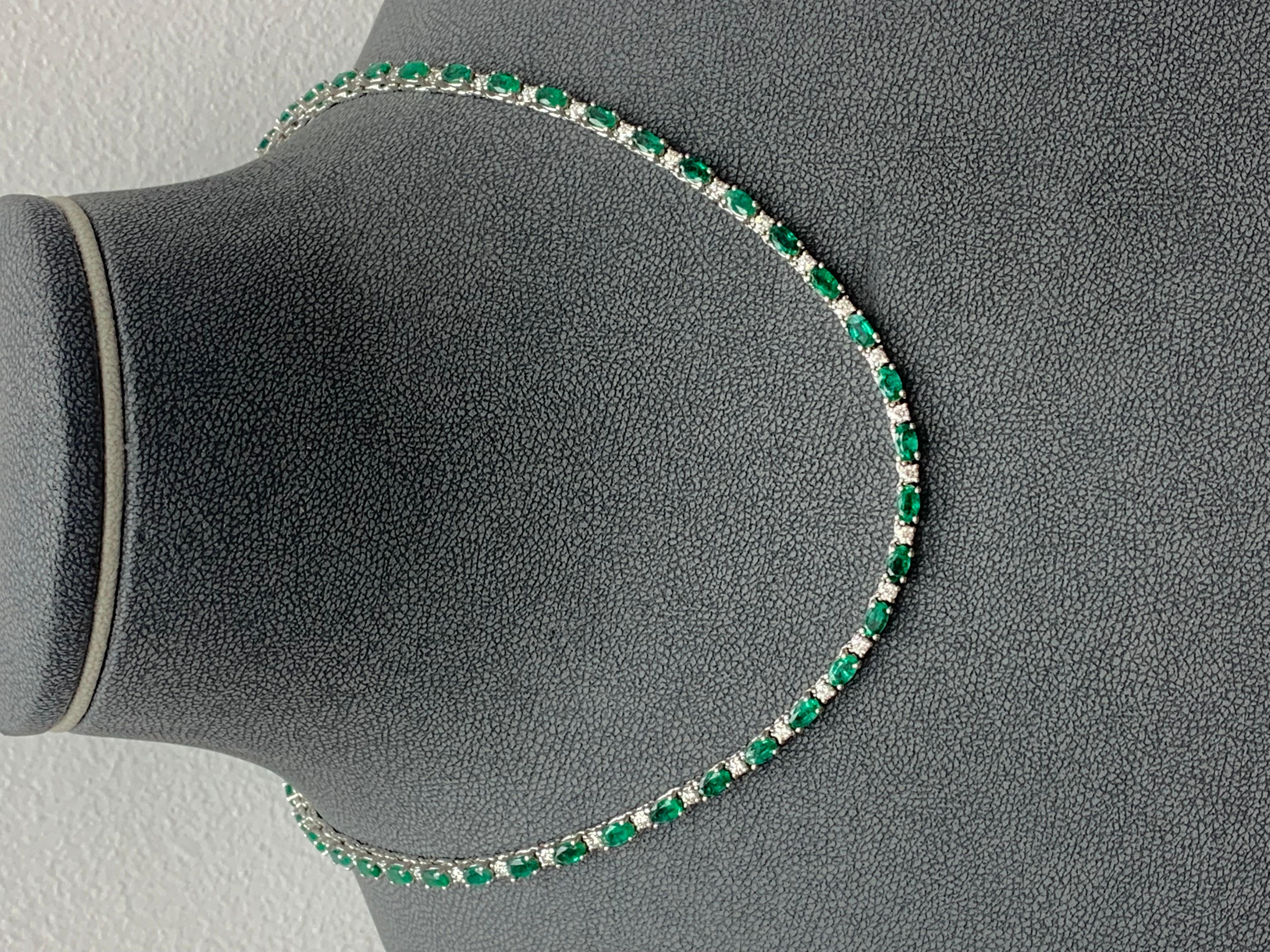 11.52 Carat Oval Cut Emerald and Diamond Tennis Necklace in 14K White Gold For Sale 2