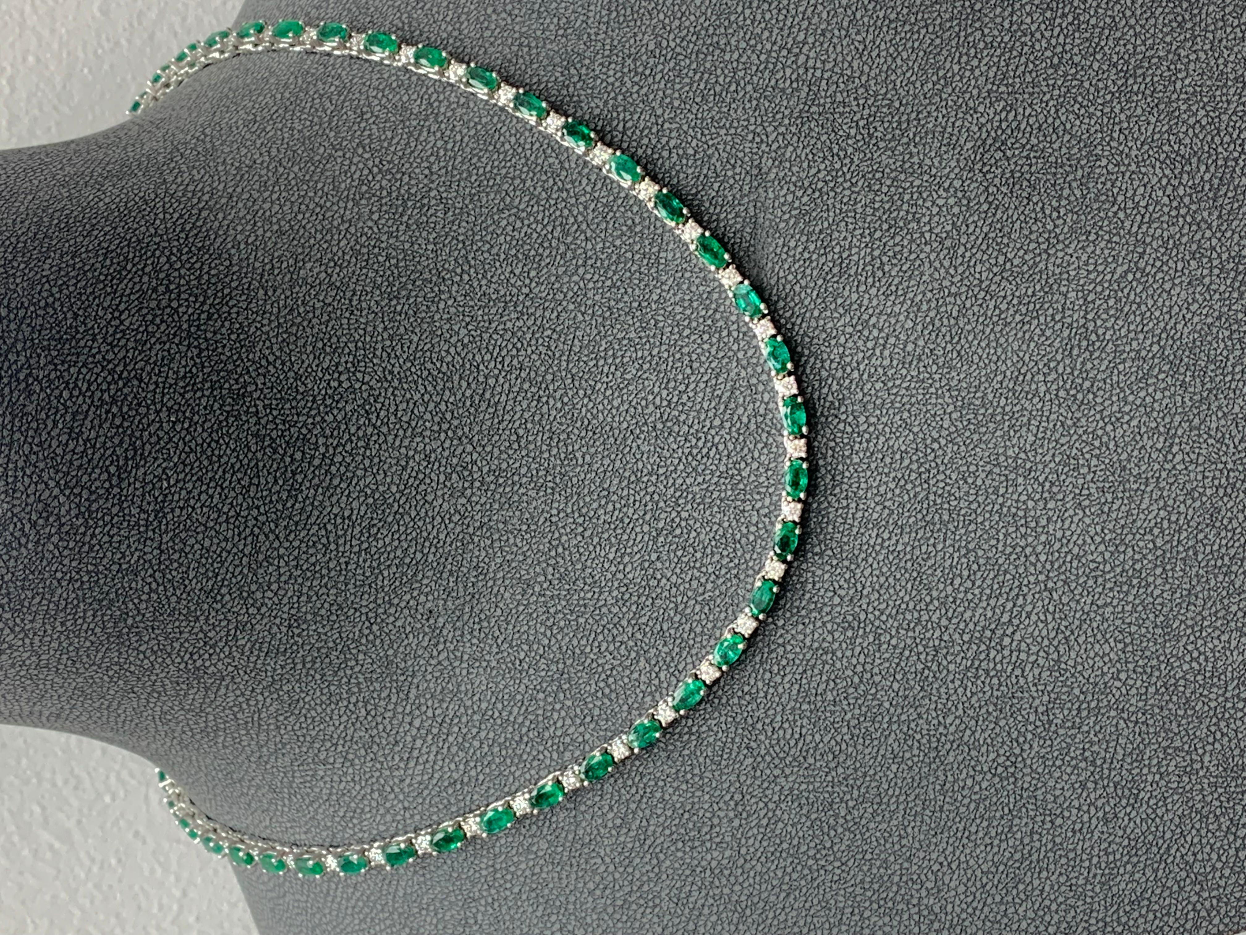 11.52 Carat Oval Cut Emerald and Diamond Tennis Necklace in 14K White Gold For Sale 3