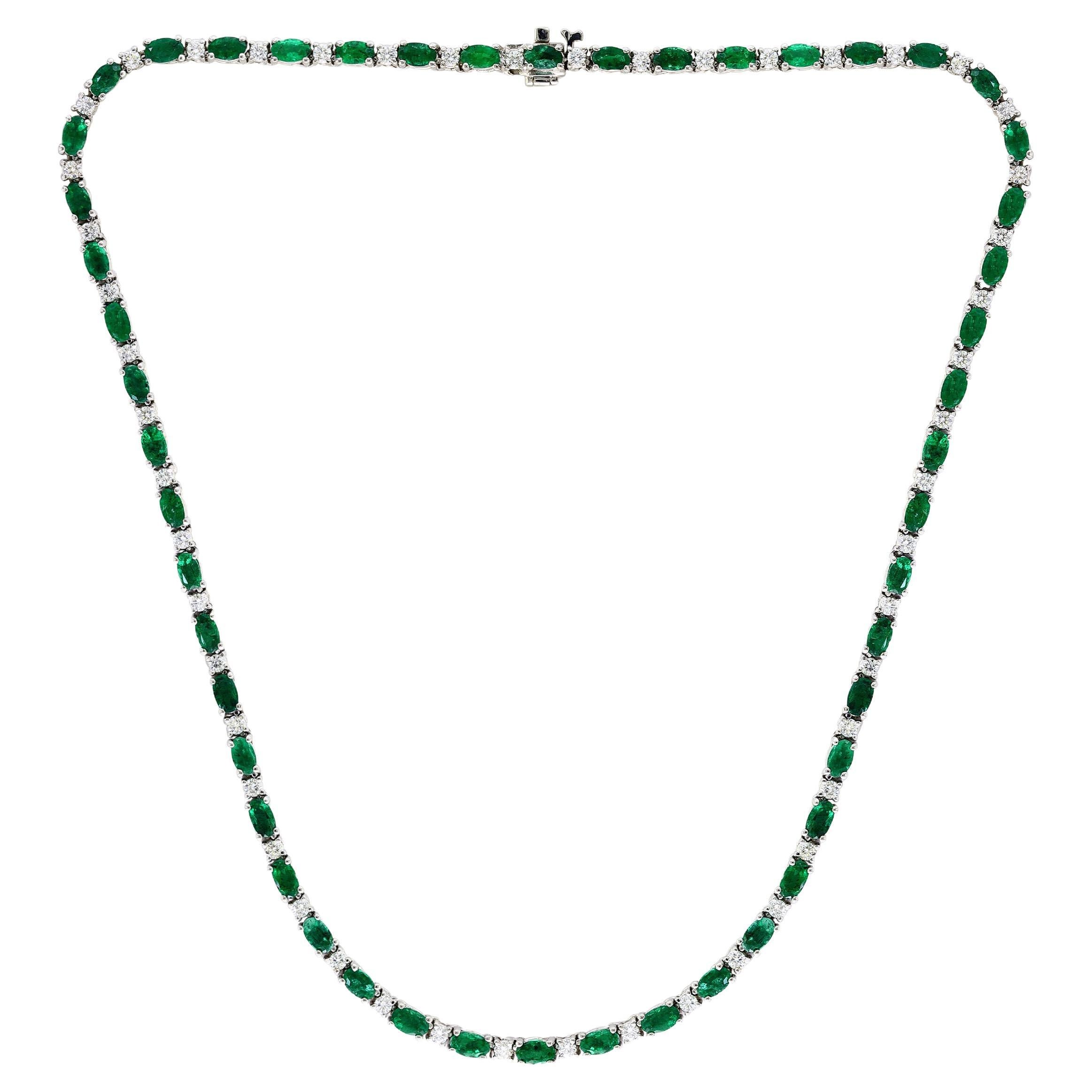 11.52 Carat Oval Cut Emerald and Diamond Tennis Necklace in 14K White Gold For Sale
