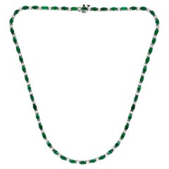 11.52 Carat Oval Cut Emerald and Diamond Tennis Necklace in 14K White Gold