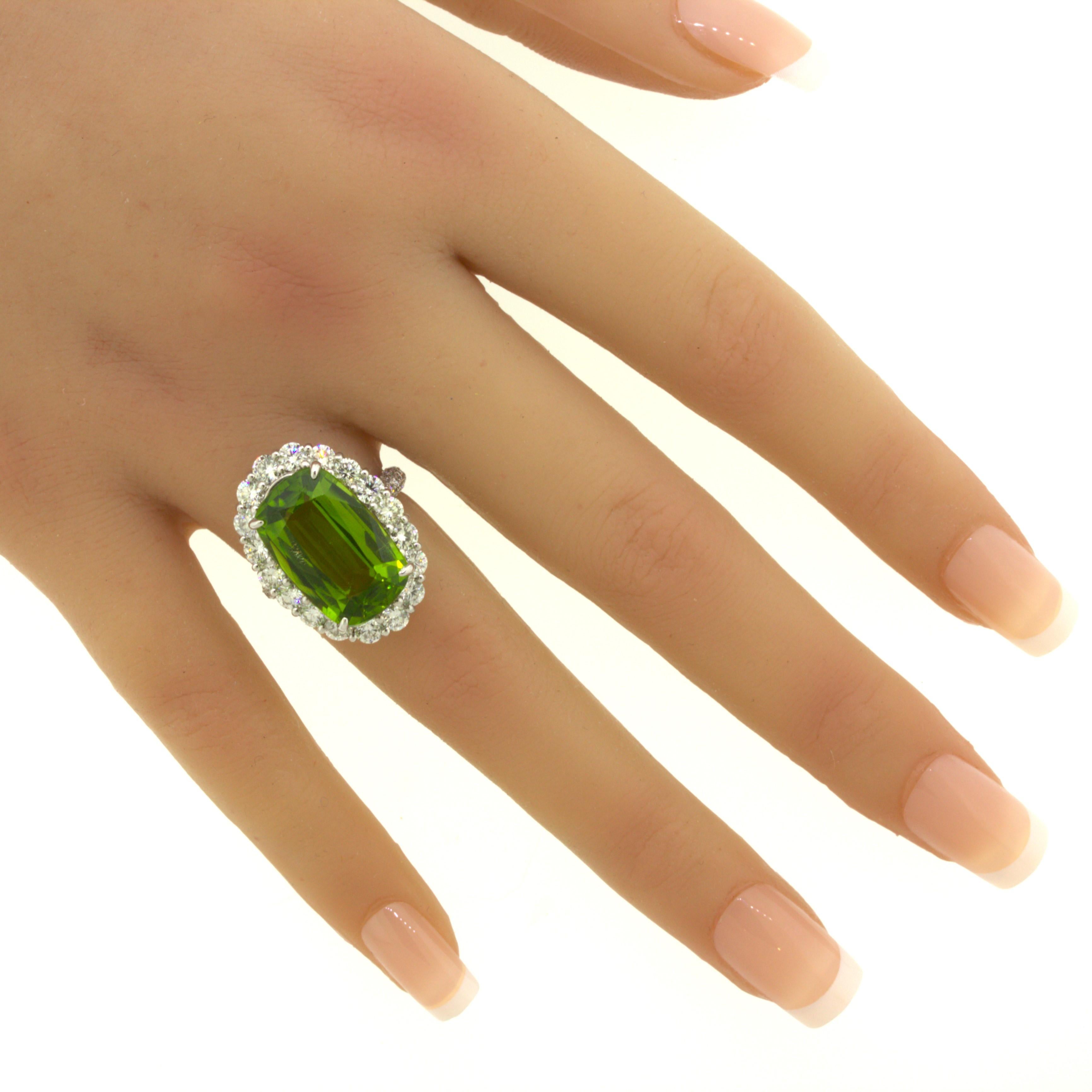 11.52 Carat Peridot Diamond Halo Platinum Ring For Sale 6