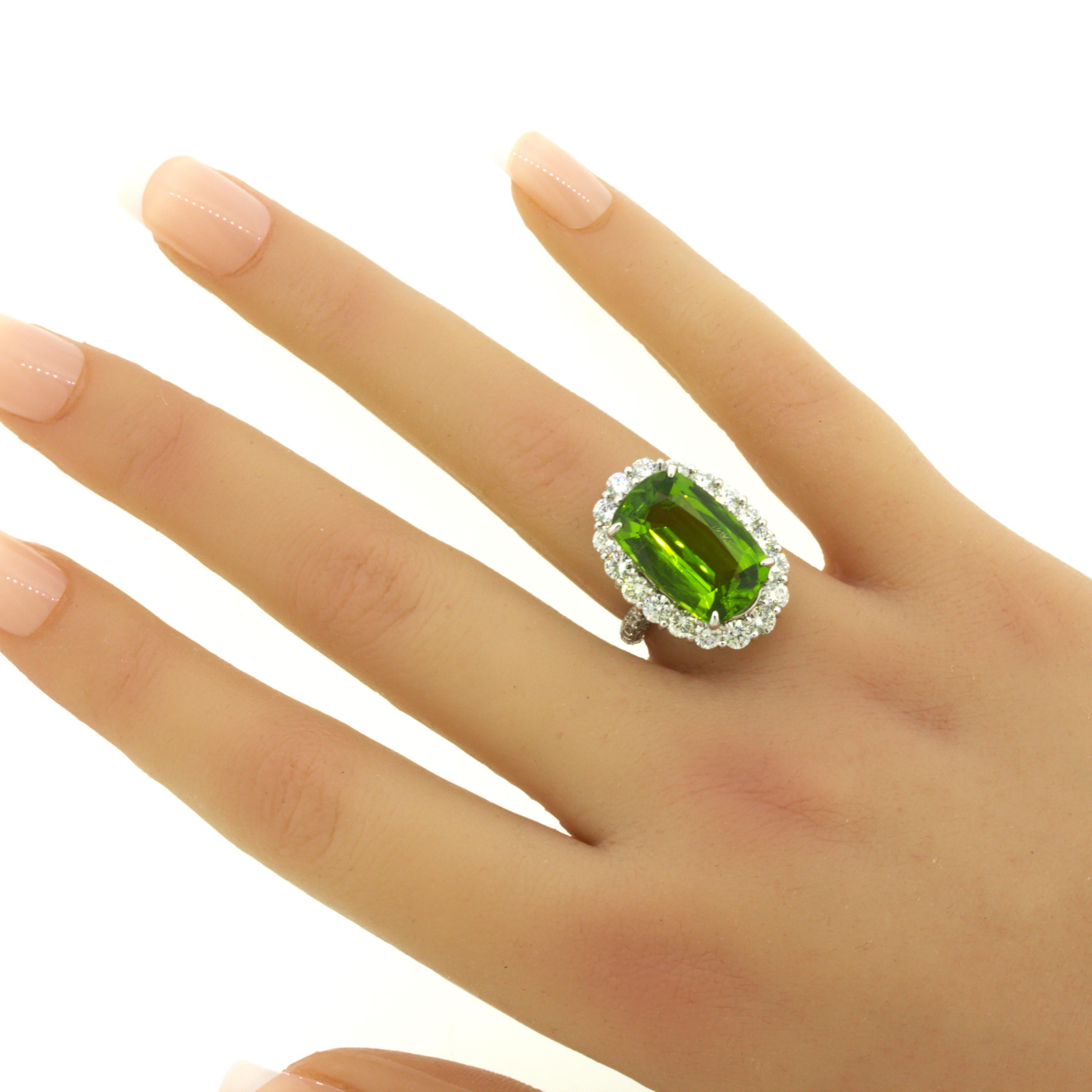 11.52 Carat Peridot Diamond Halo Platinum Ring For Sale 7