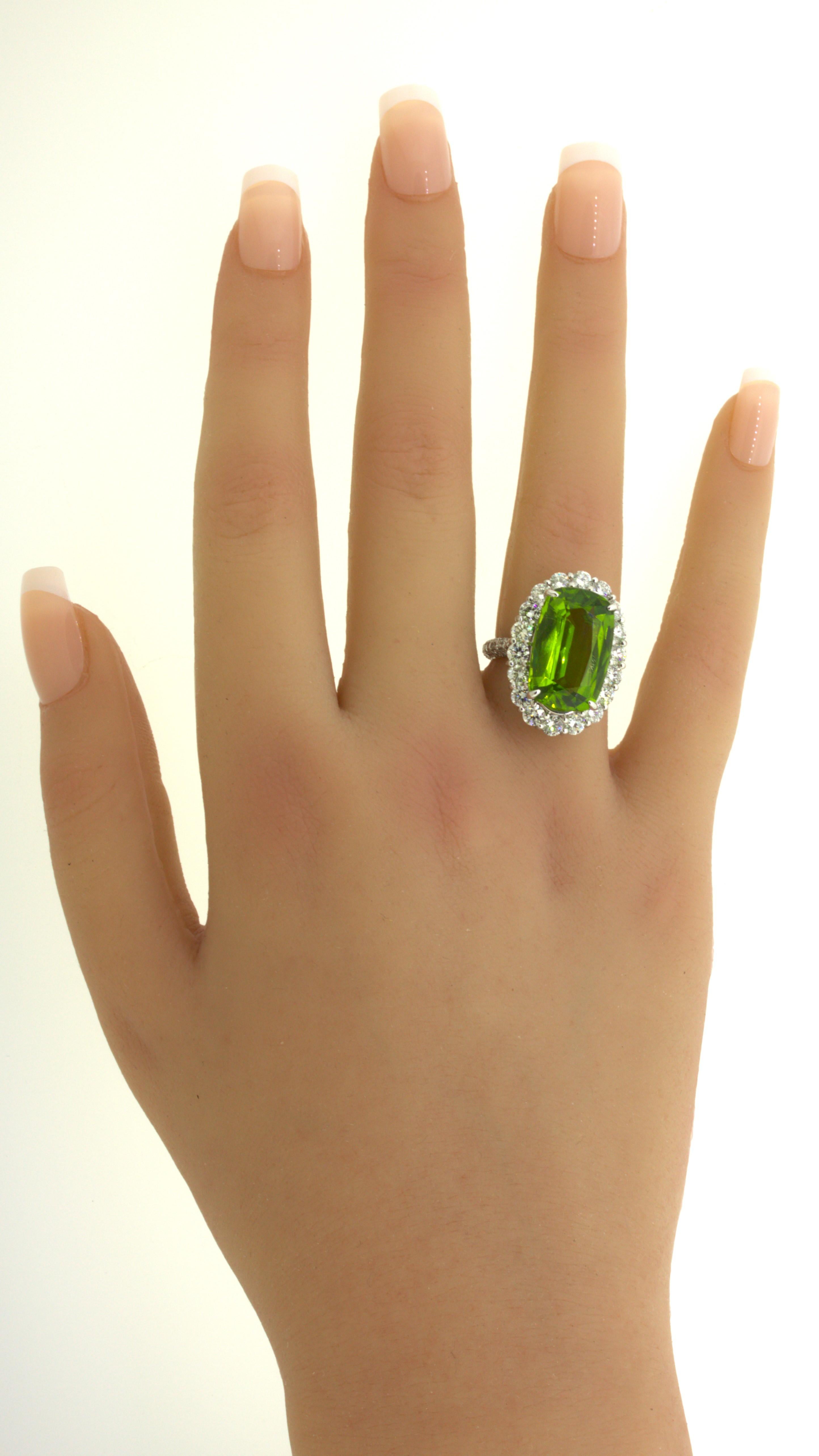 11.52 Carat Peridot Diamond Halo Platinum Ring For Sale 8