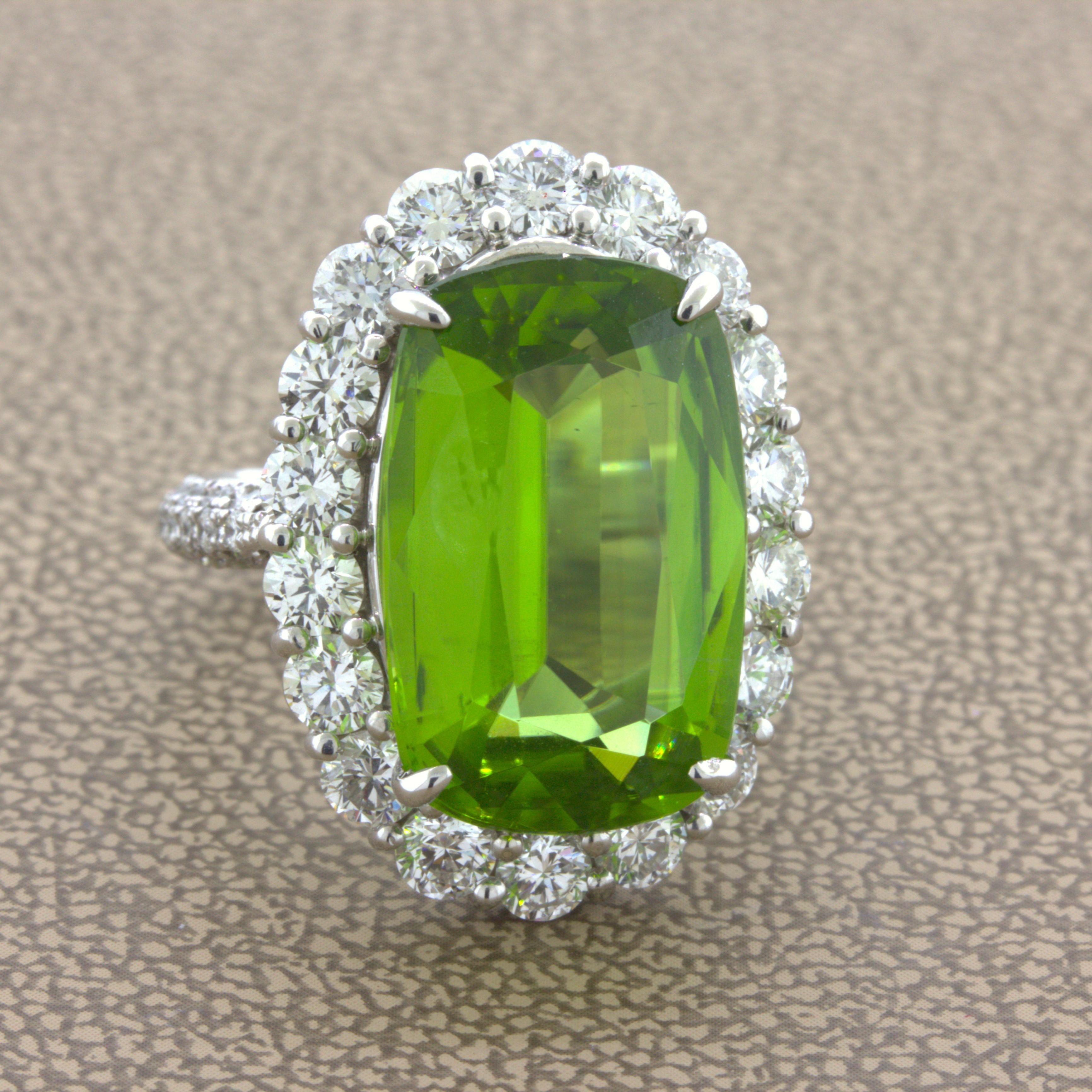 Oval Cut 11.52 Carat Peridot Diamond Halo Platinum Ring For Sale