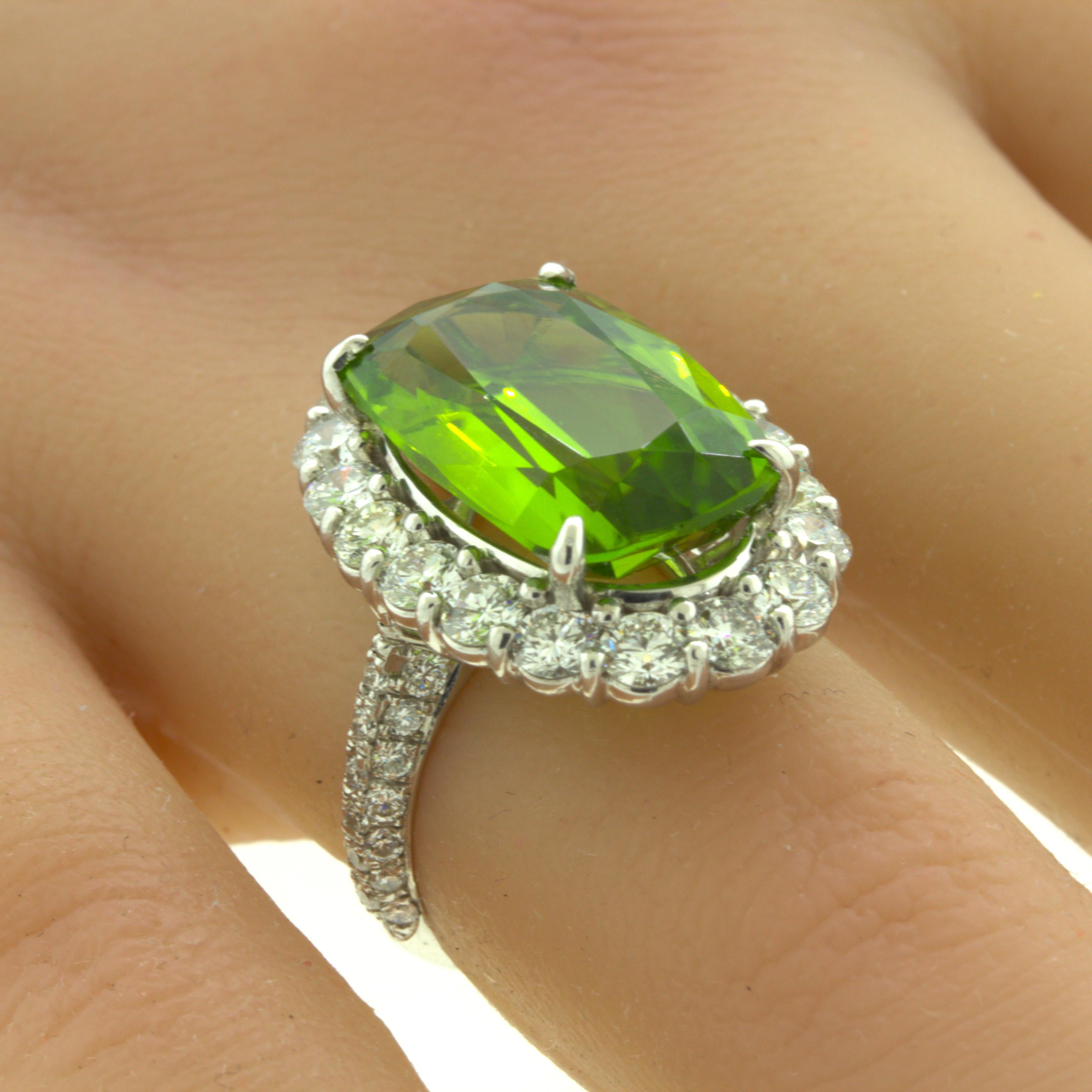 Women's 11.52 Carat Peridot Diamond Halo Platinum Ring For Sale