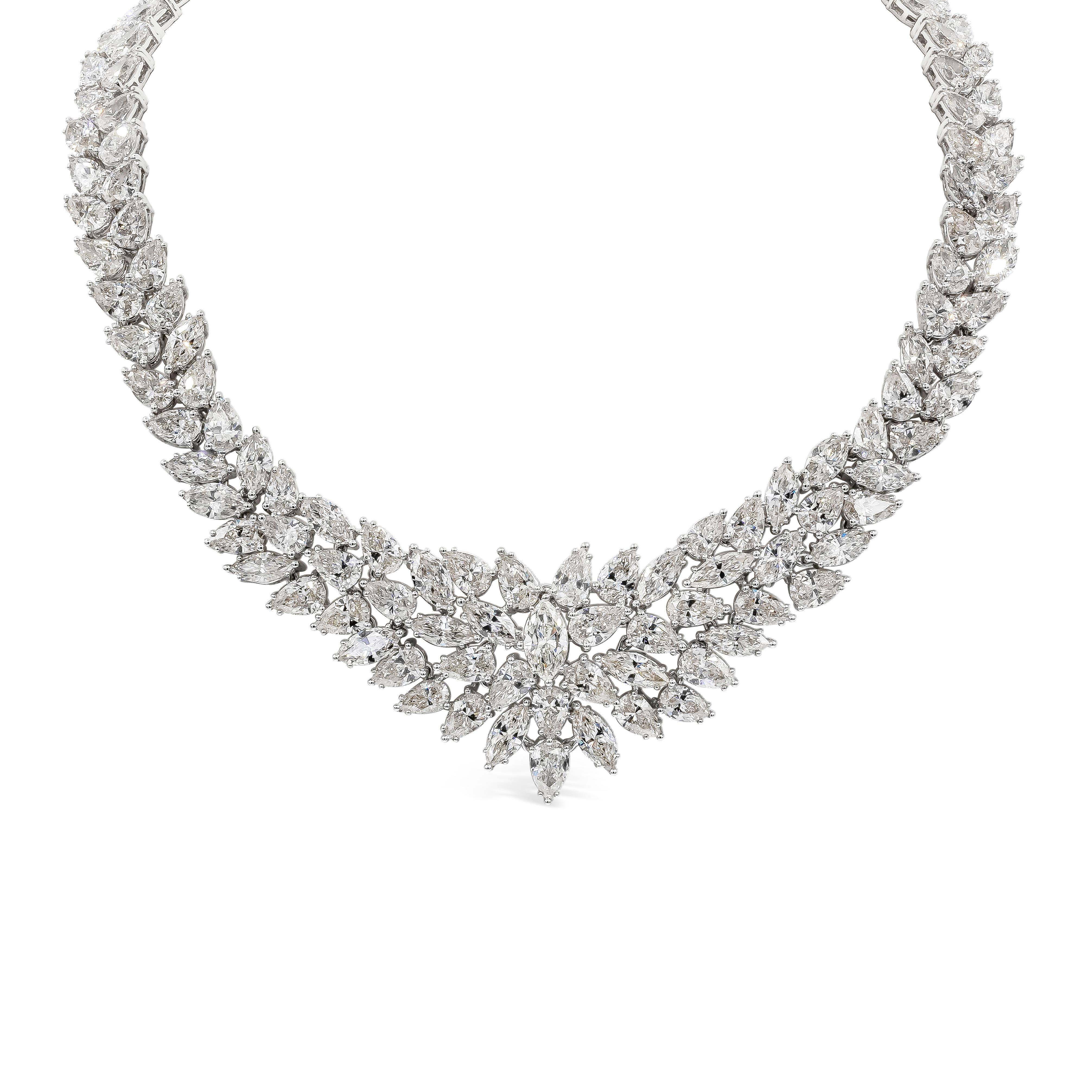 Luxurious and well crafted high end necklace showcasing mixed pear and marquise cut diamonds, set in an intricate and elegant open-work design. Diamonds weigh 115.20 carats total. Made in Platinum.