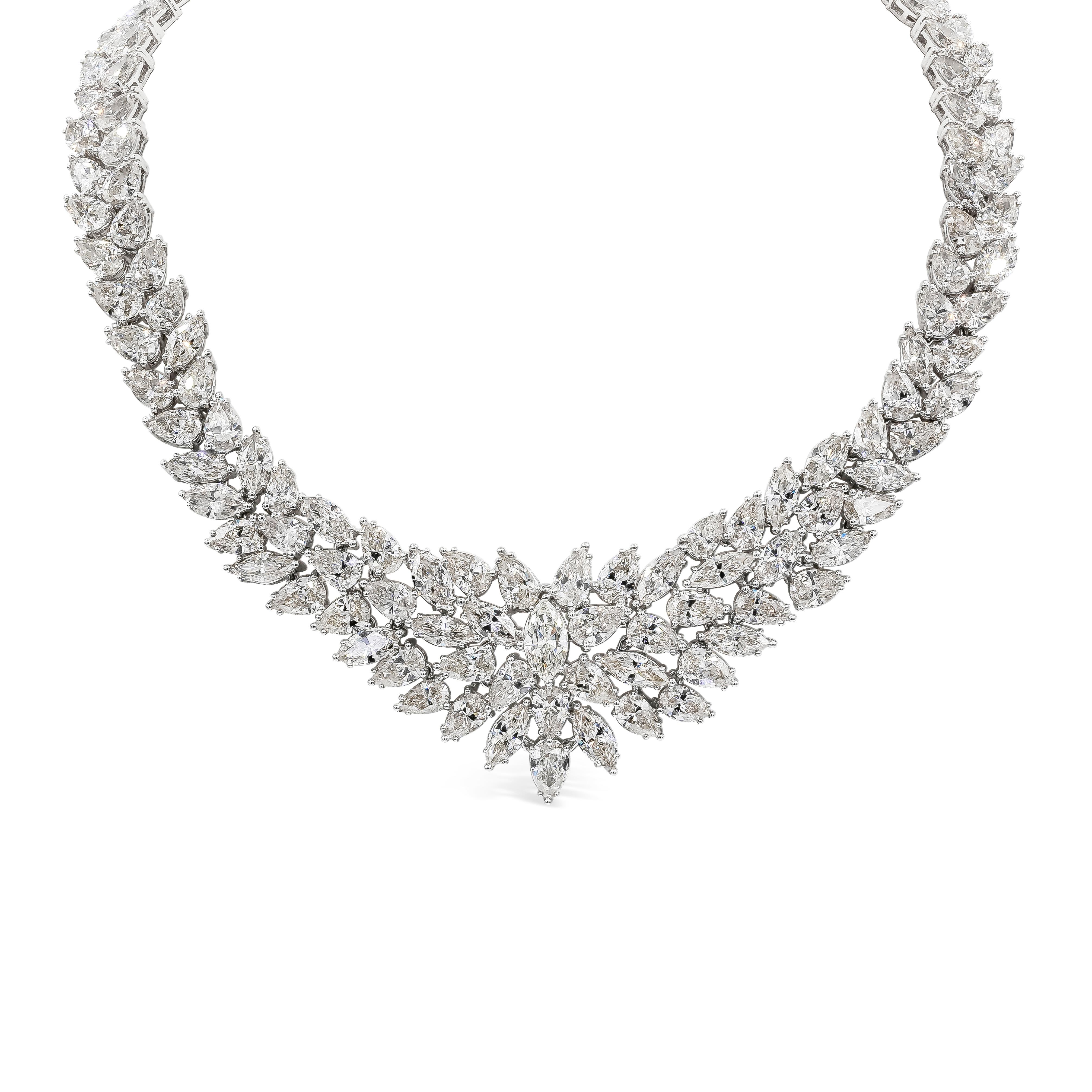 A luxurious necklace, showcasing pear shape and marquise cut diamonds weighing a stunning 115.20 carats total, set in an intricate open-work design. Finely made with platinum. Perfect for elegant events. 

Roman Malakov is a custom house,