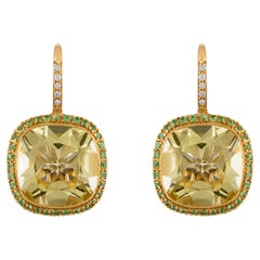11.52Carat Cushion-Cut Quartz Tsavorite and Diamond Earrings