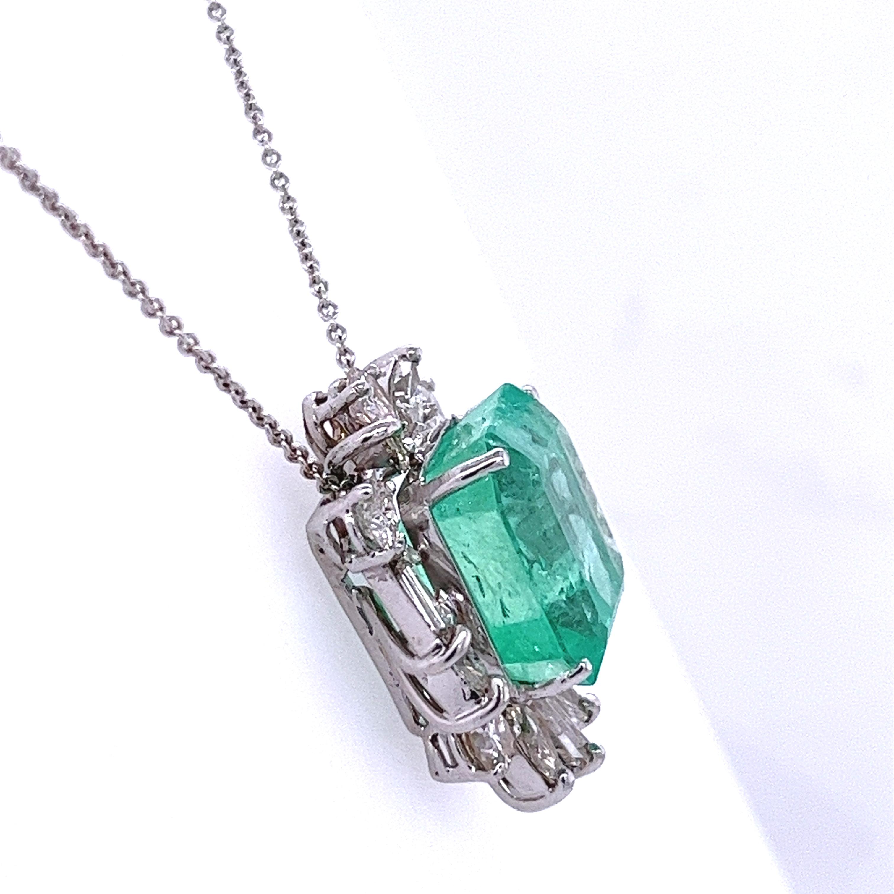 11.54 Carat Colombian Emerald and Baguette Cut Diamonds Pendant Set in Platinum 5