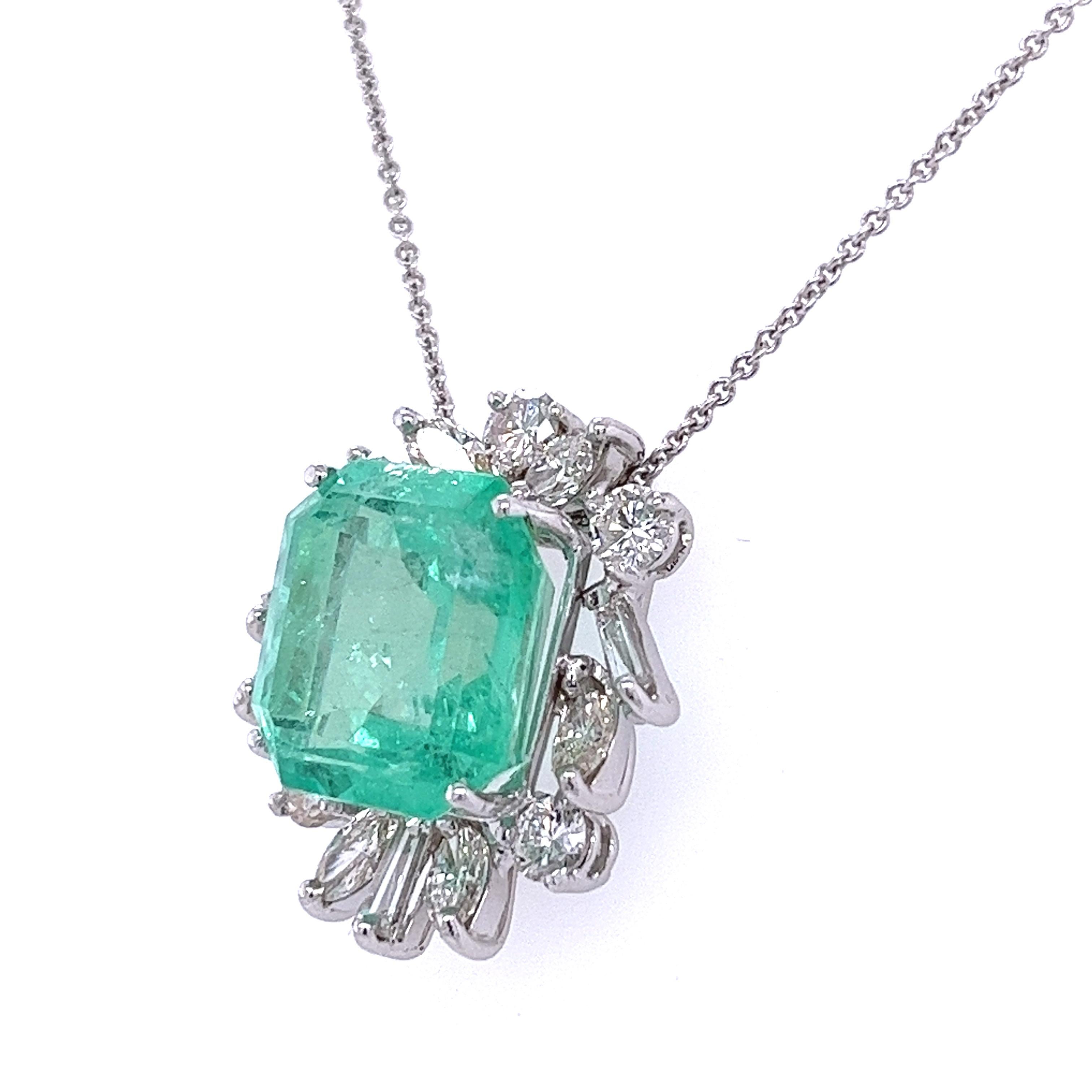 11.54 Carat Colombian Emerald and Baguette Cut Diamonds Pendant Set in Platinum 3