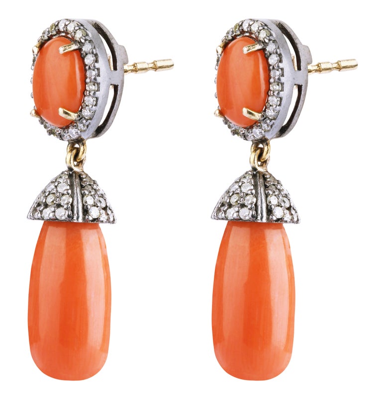 Cabochon 11.54 Carat Diamond and Coral Drop Earrings For Sale