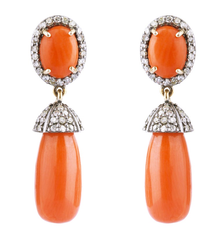 Women's 11.54 Carat Diamond and Coral Drop Earrings For Sale