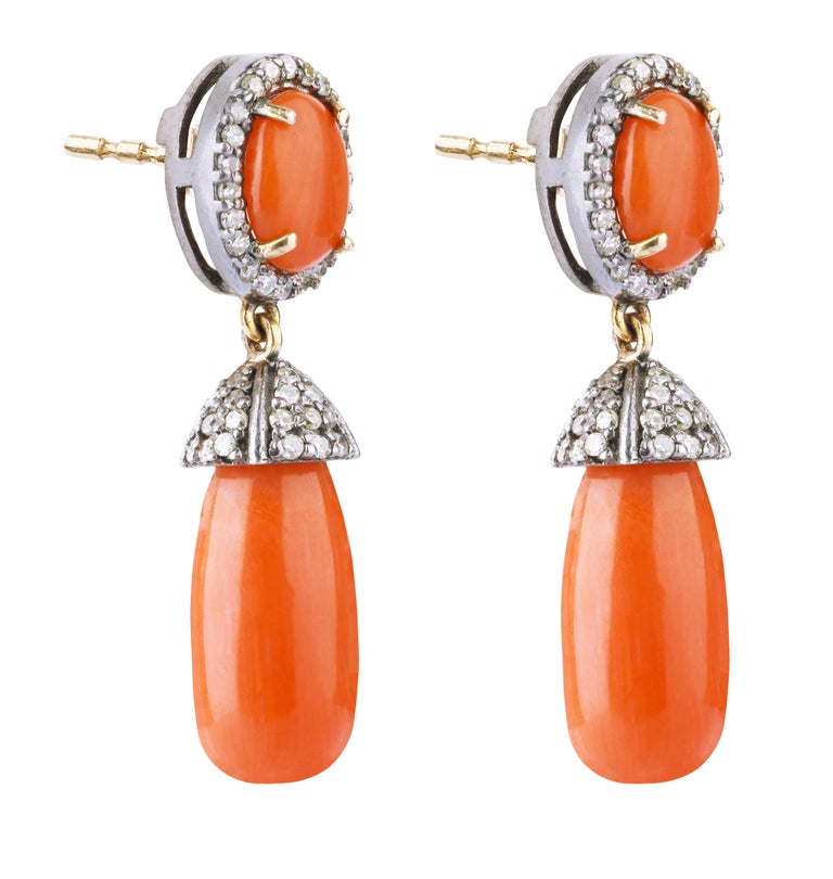 11.54 Carat Diamond and Coral Drop Earrings For Sale 1