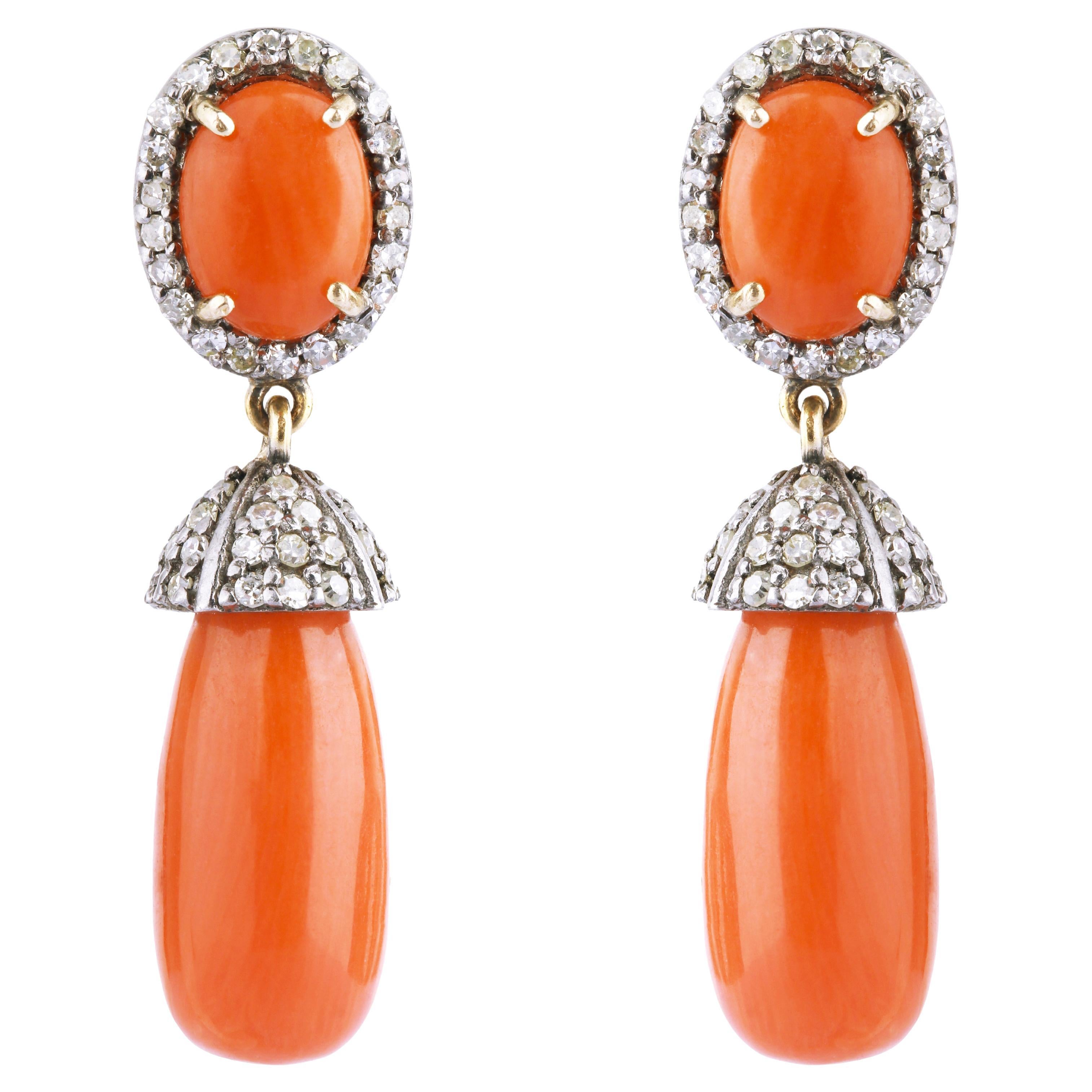 11.54 Carat Diamond and Coral Drop Earrings