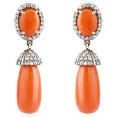 11.54 Carat Diamond and Coral Drop Earrings
