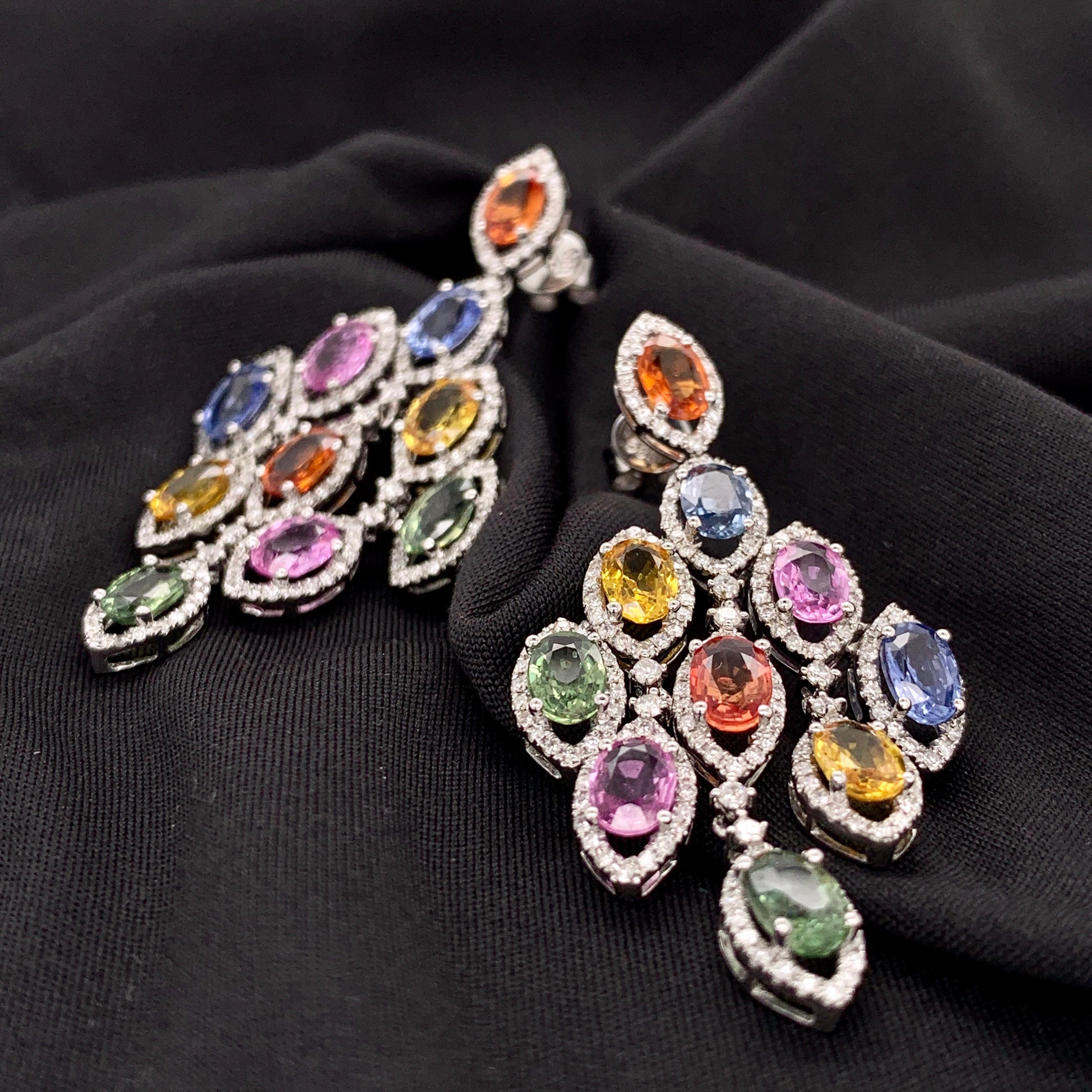 Oval Cut 11.54 Carat Multi-Color Sapphire Chandelier Earrings