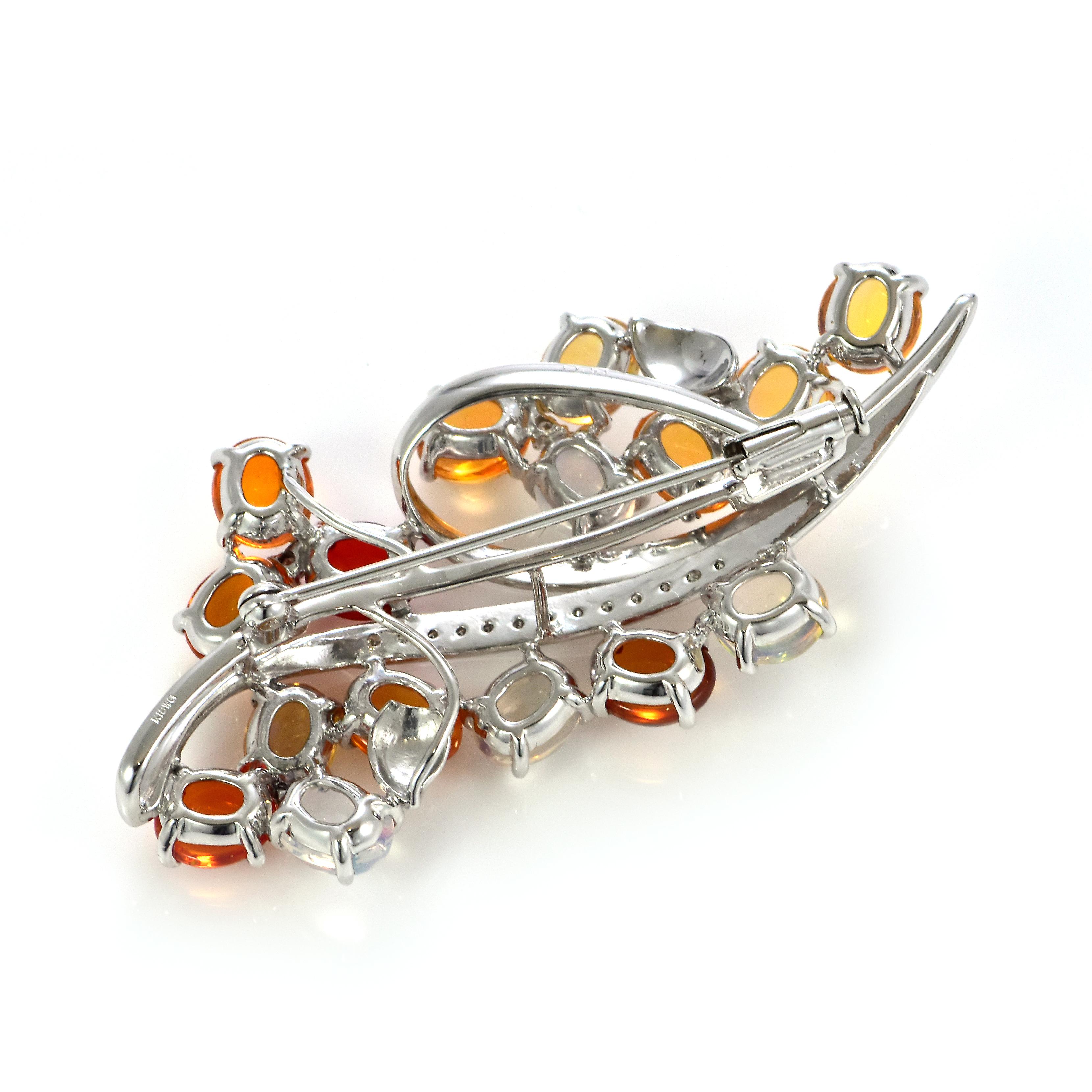 11.54 Carat Natural Caribbean Fire Opal and Diamond Brooch Made in Platinum For Sale 4