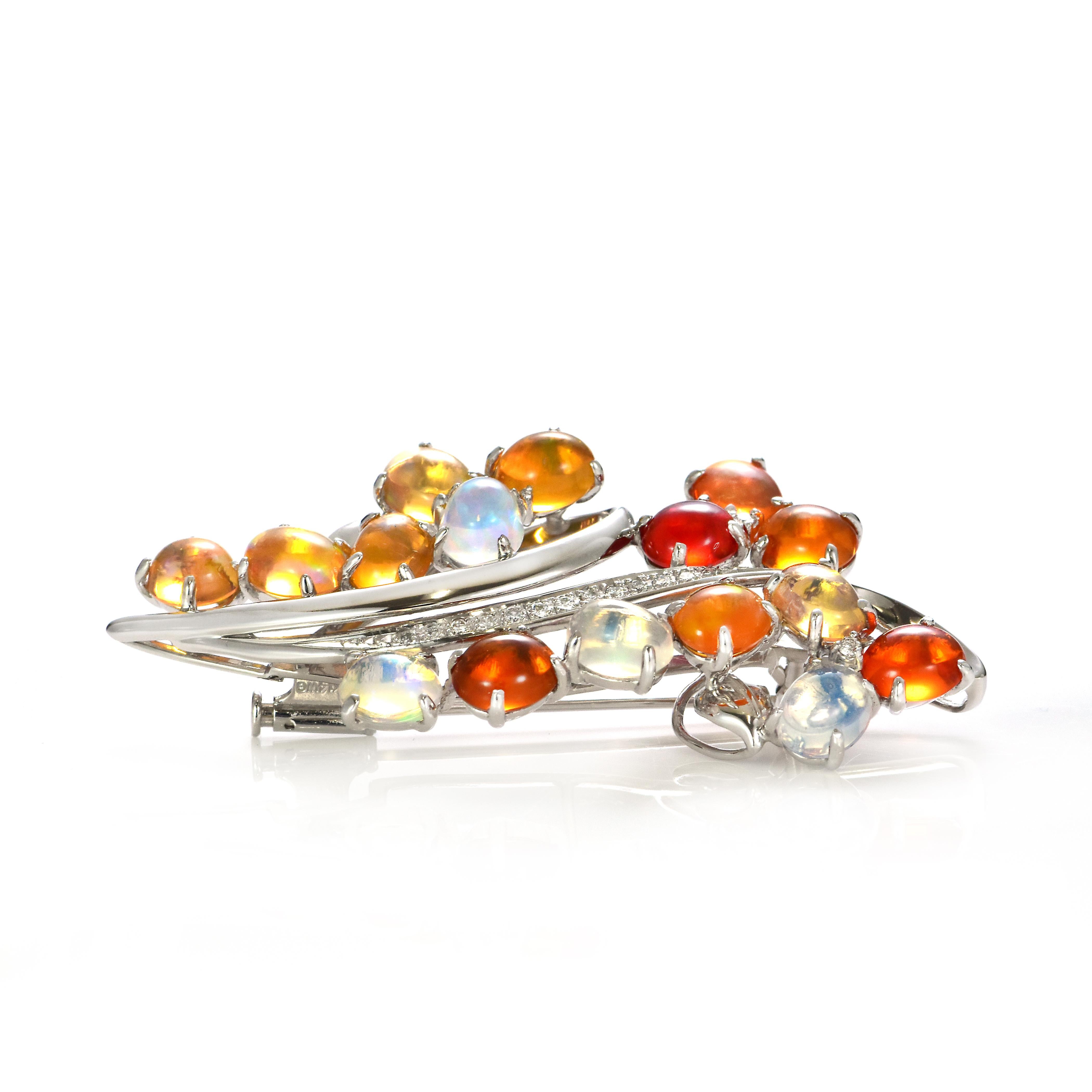 Modern 11.54 Carat Natural Caribbean Fire Opal and Diamond Brooch Made in Platinum For Sale