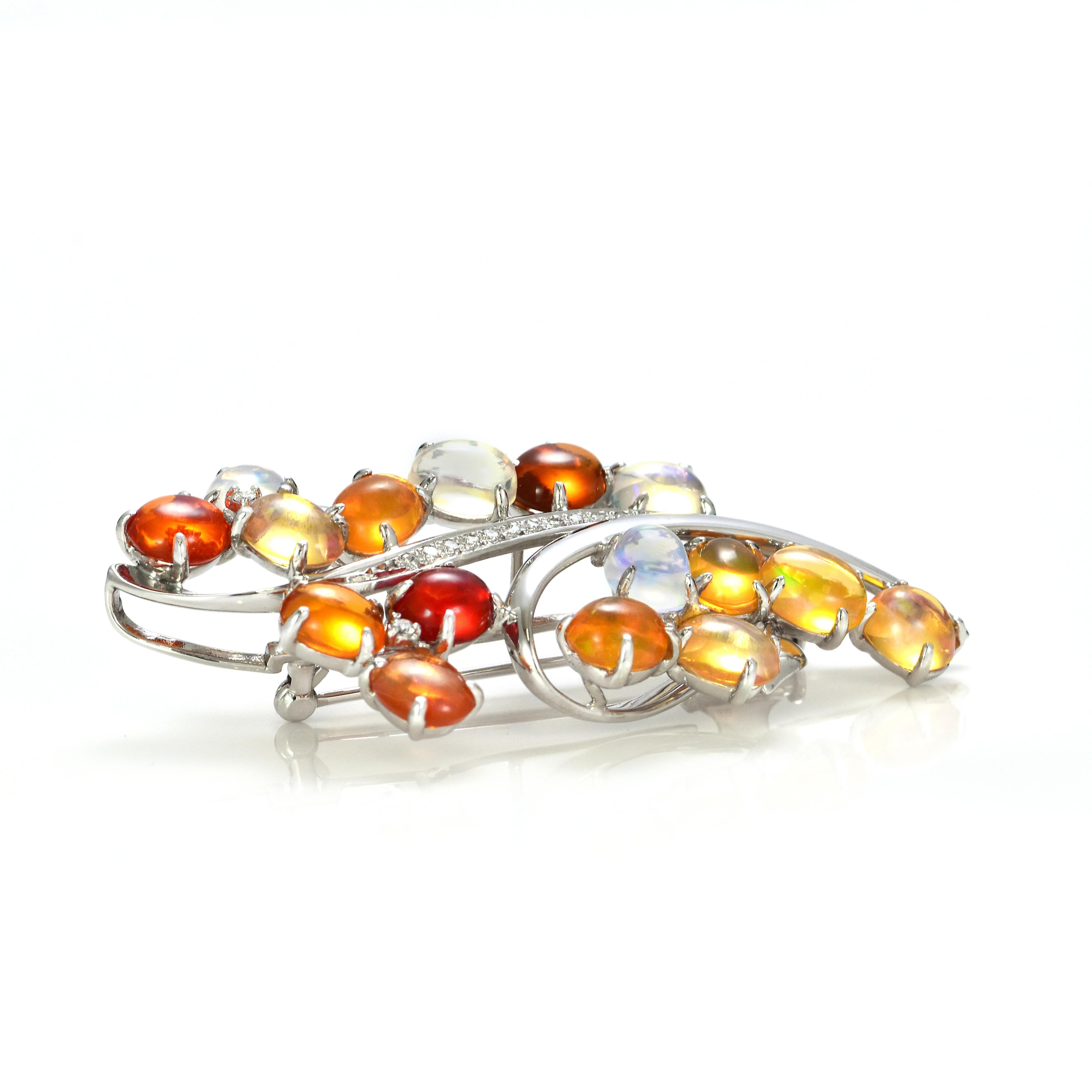 Cabochon 11.54 Carat Natural Caribbean Fire Opal and Diamond Brooch Made in Platinum For Sale