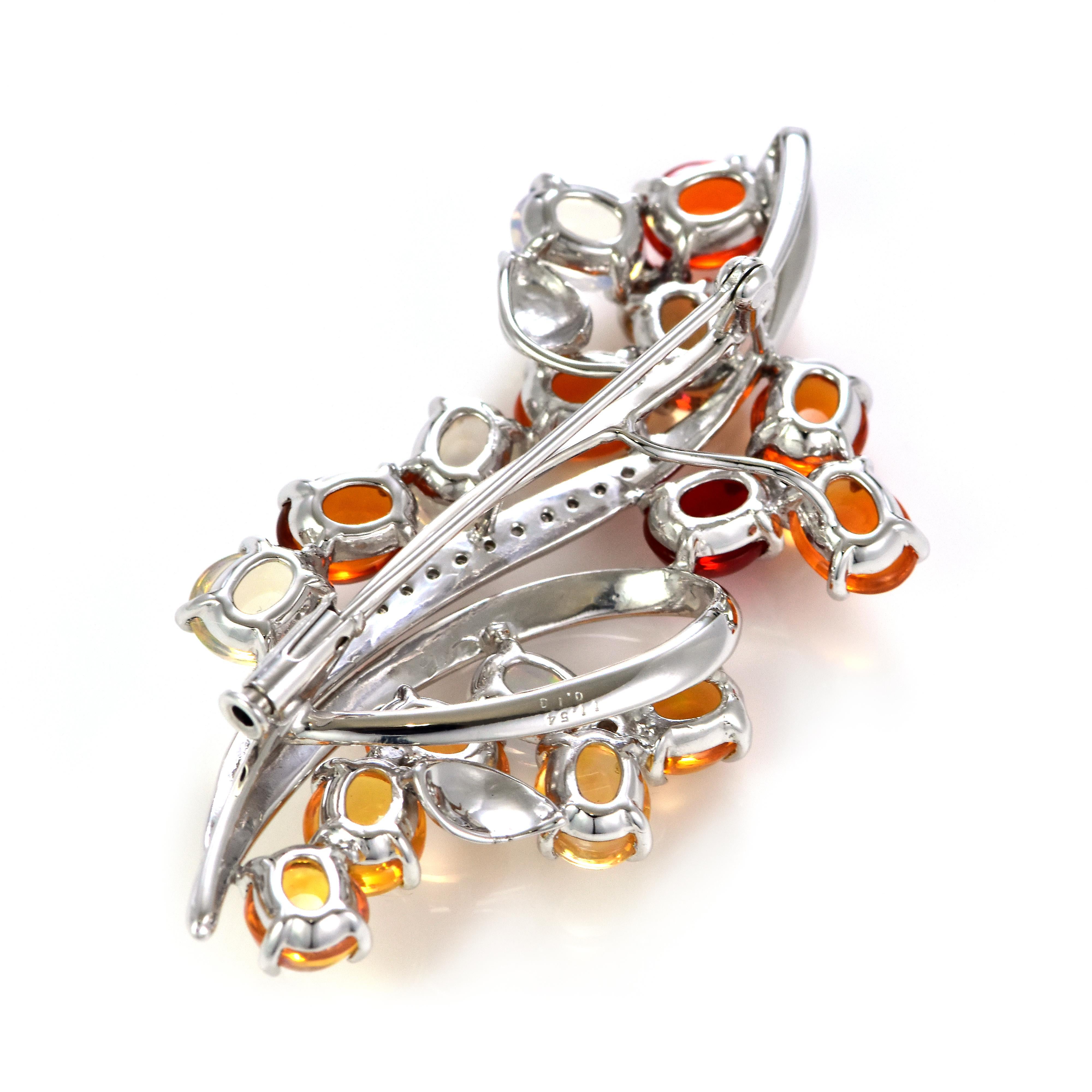 11.54 Carat Natural Caribbean Fire Opal and Diamond Brooch Made in Platinum In New Condition For Sale In Tokyo, JP