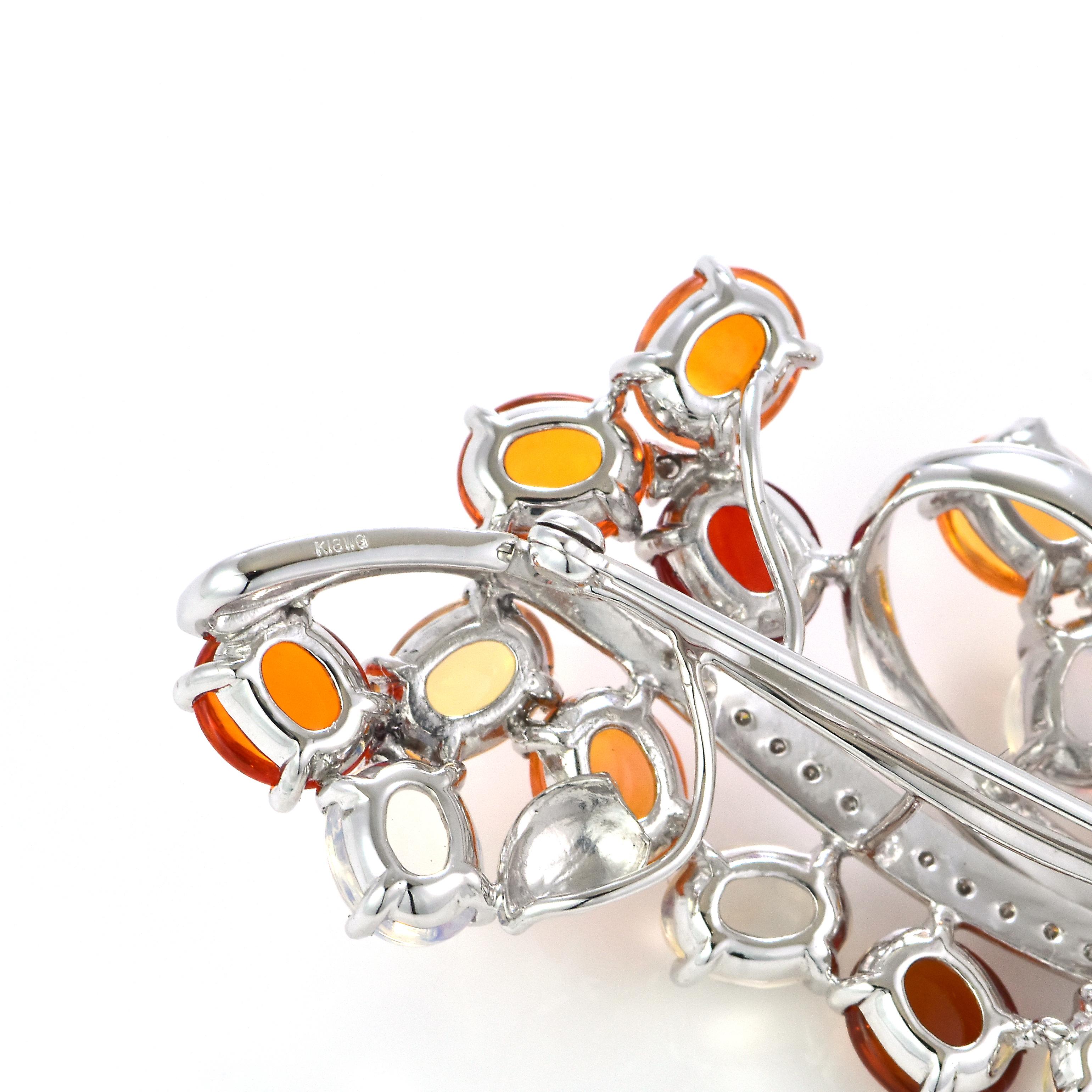 Women's or Men's 11.54 Carat Natural Caribbean Fire Opal and Diamond Brooch Made in Platinum For Sale
