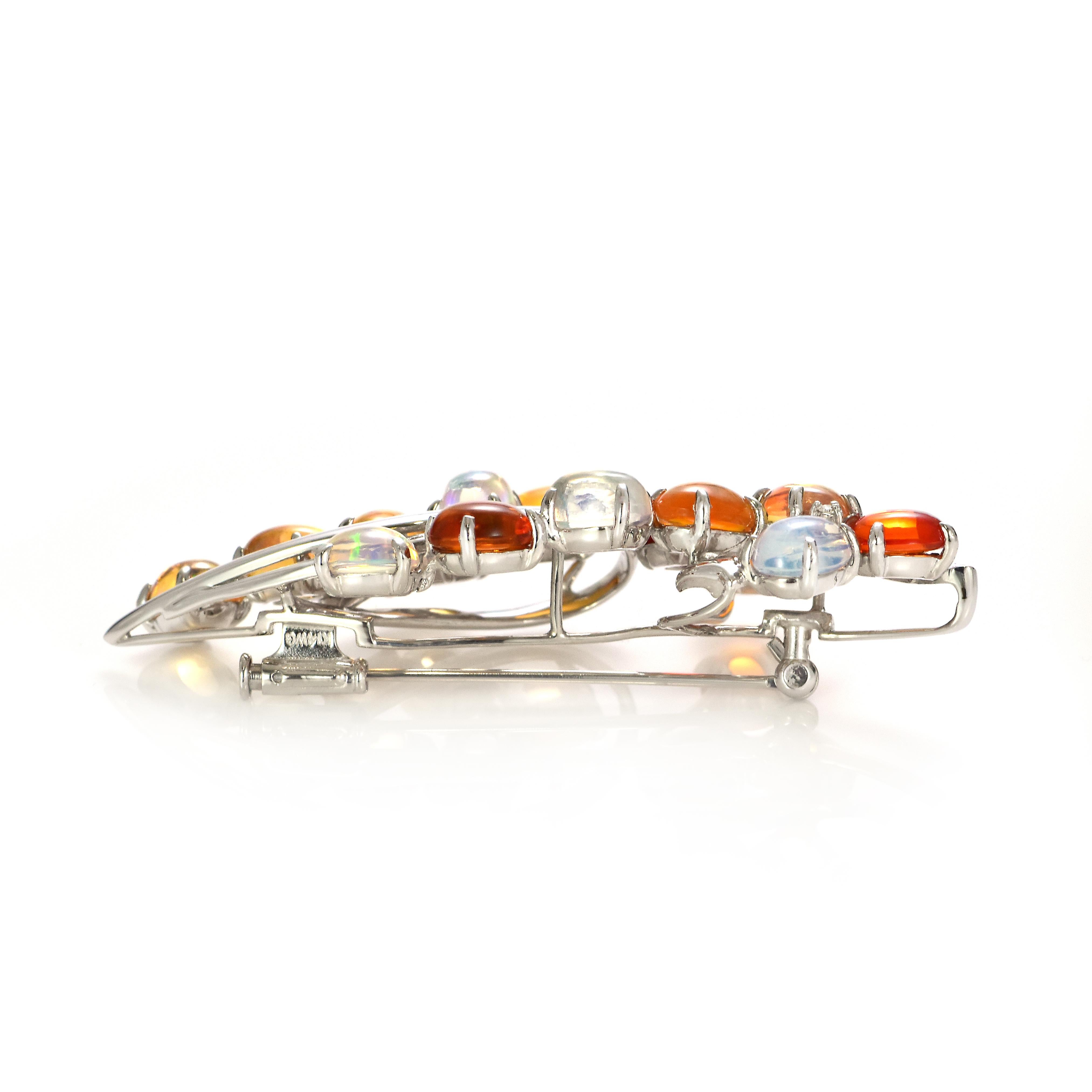 11.54 Carat Natural Caribbean Fire Opal and Diamond Brooch Made in Platinum For Sale 1
