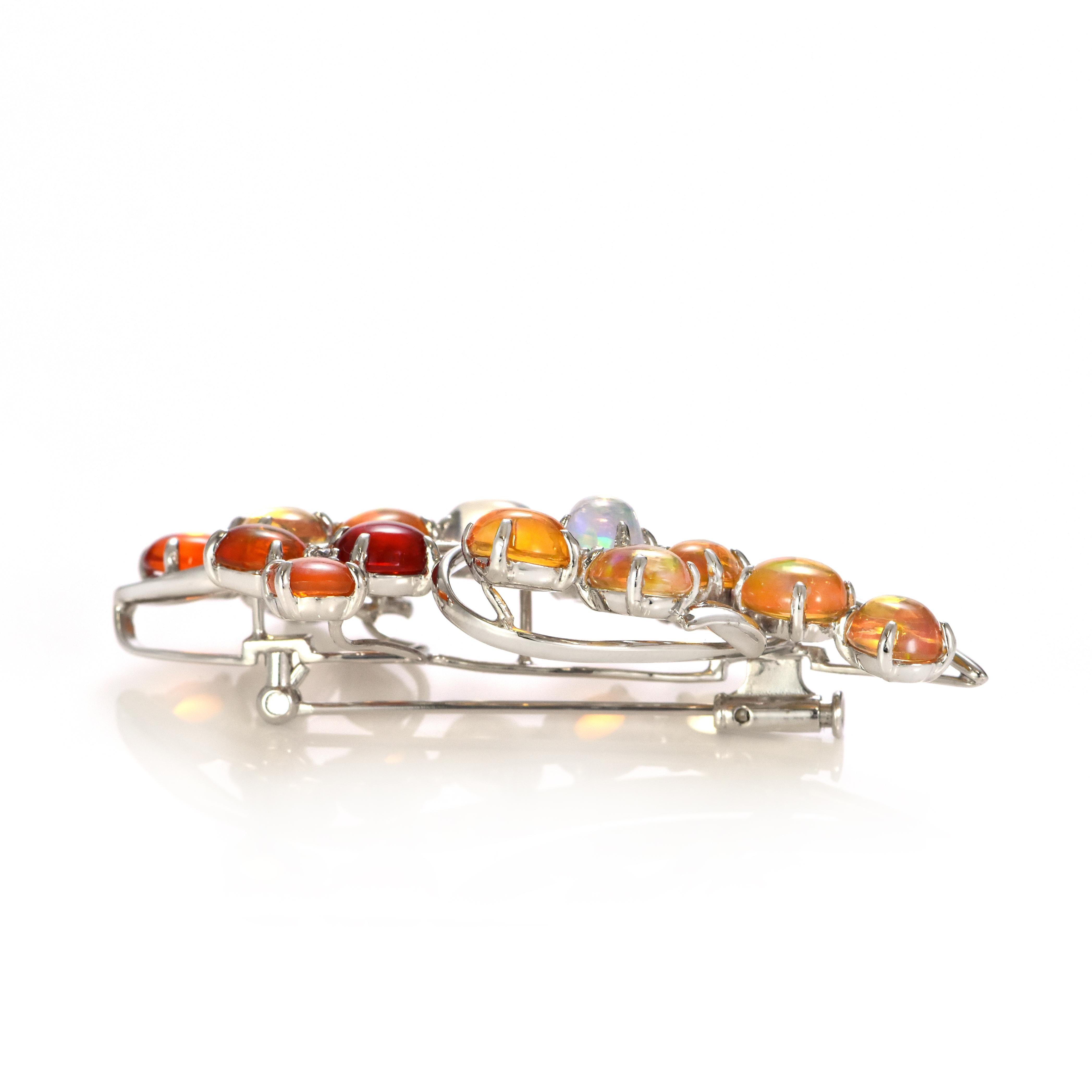 11.54 Carat Natural Caribbean Fire Opal and Diamond Brooch Made in Platinum For Sale 2