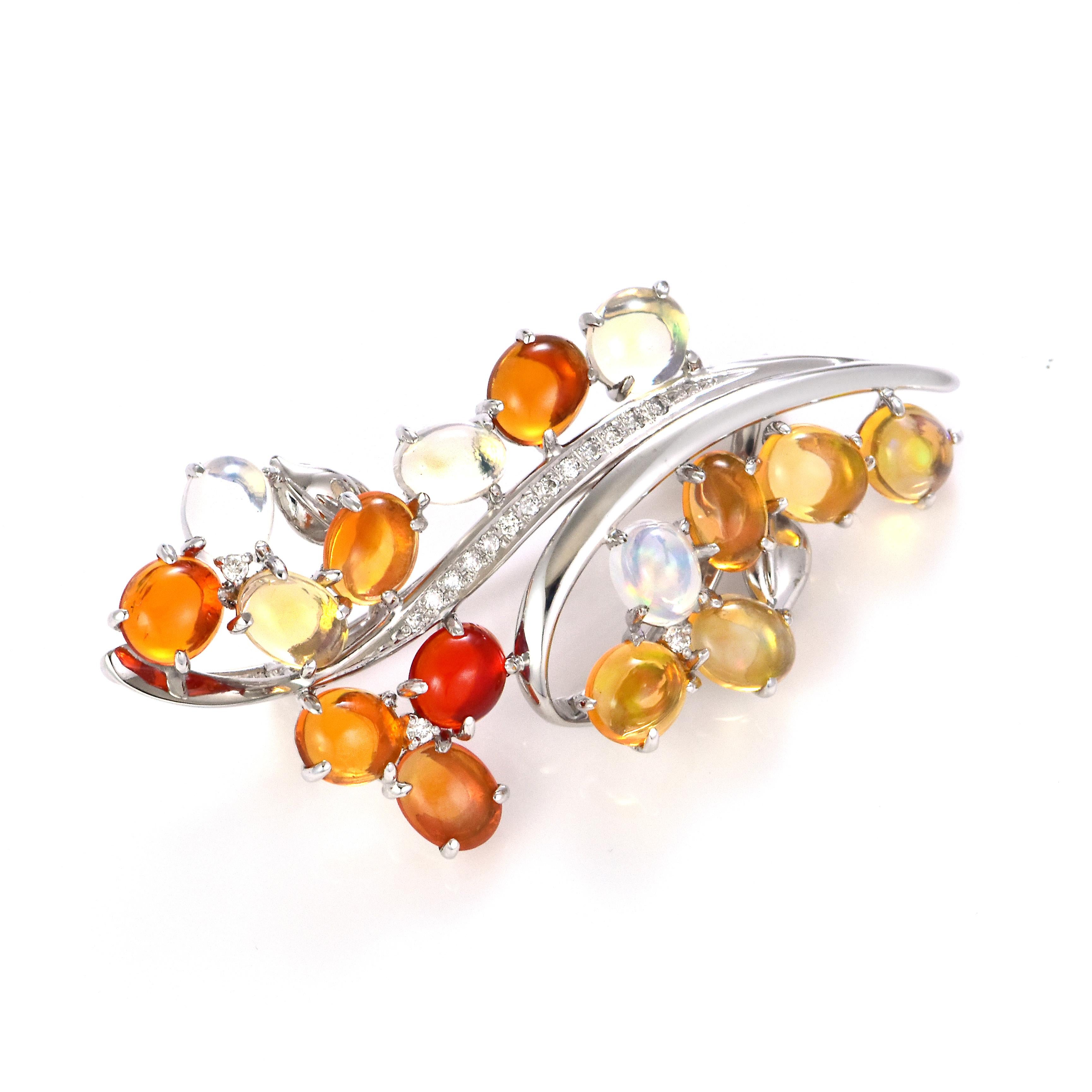11.54 Carat Natural Caribbean Fire Opal and Diamond Brooch Made in Platinum For Sale 3