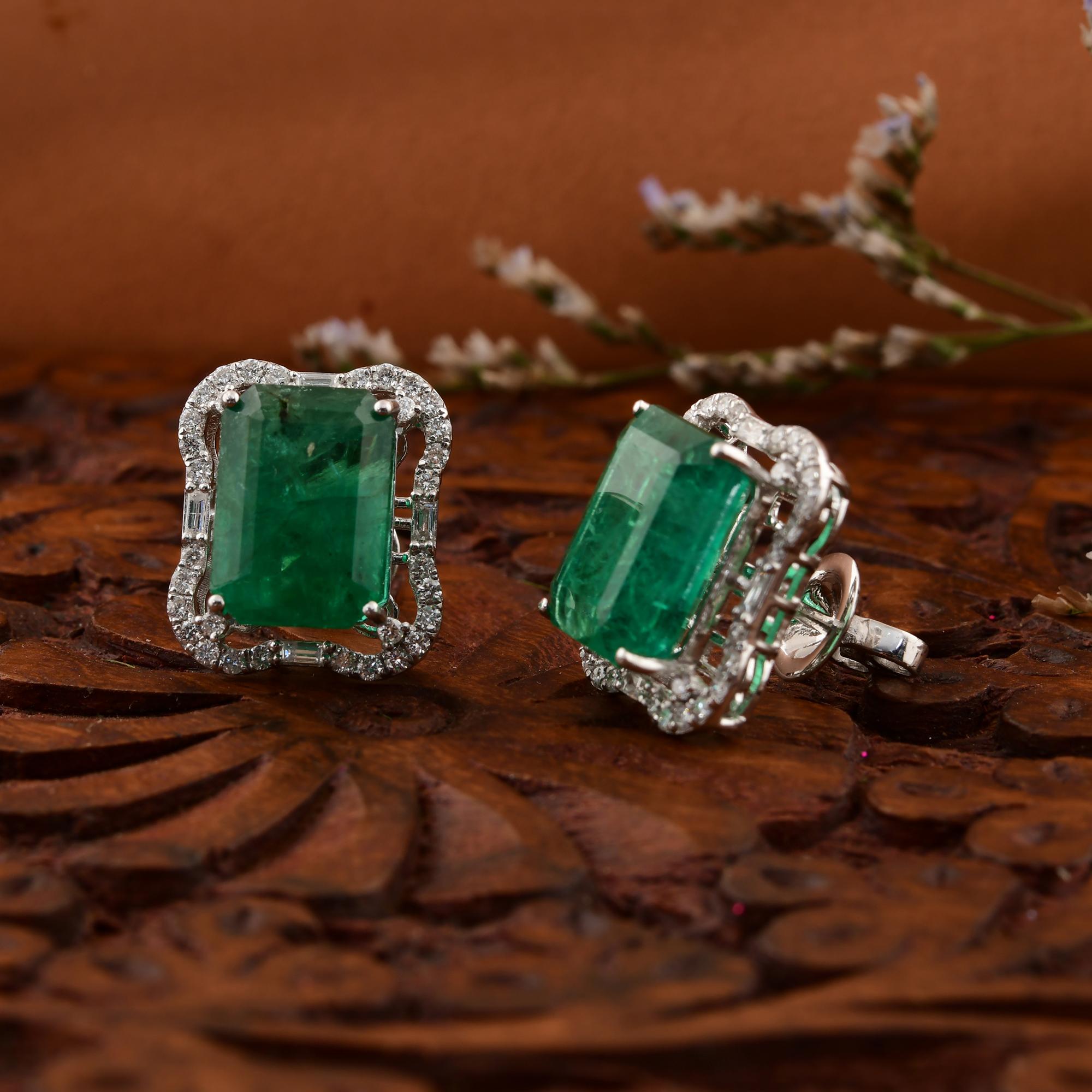 Emerald Cut 11.54 Carat Zambian Emerald 0.78 Carat SI/H Diamond Earrings 18 Karat White Gold For Sale
