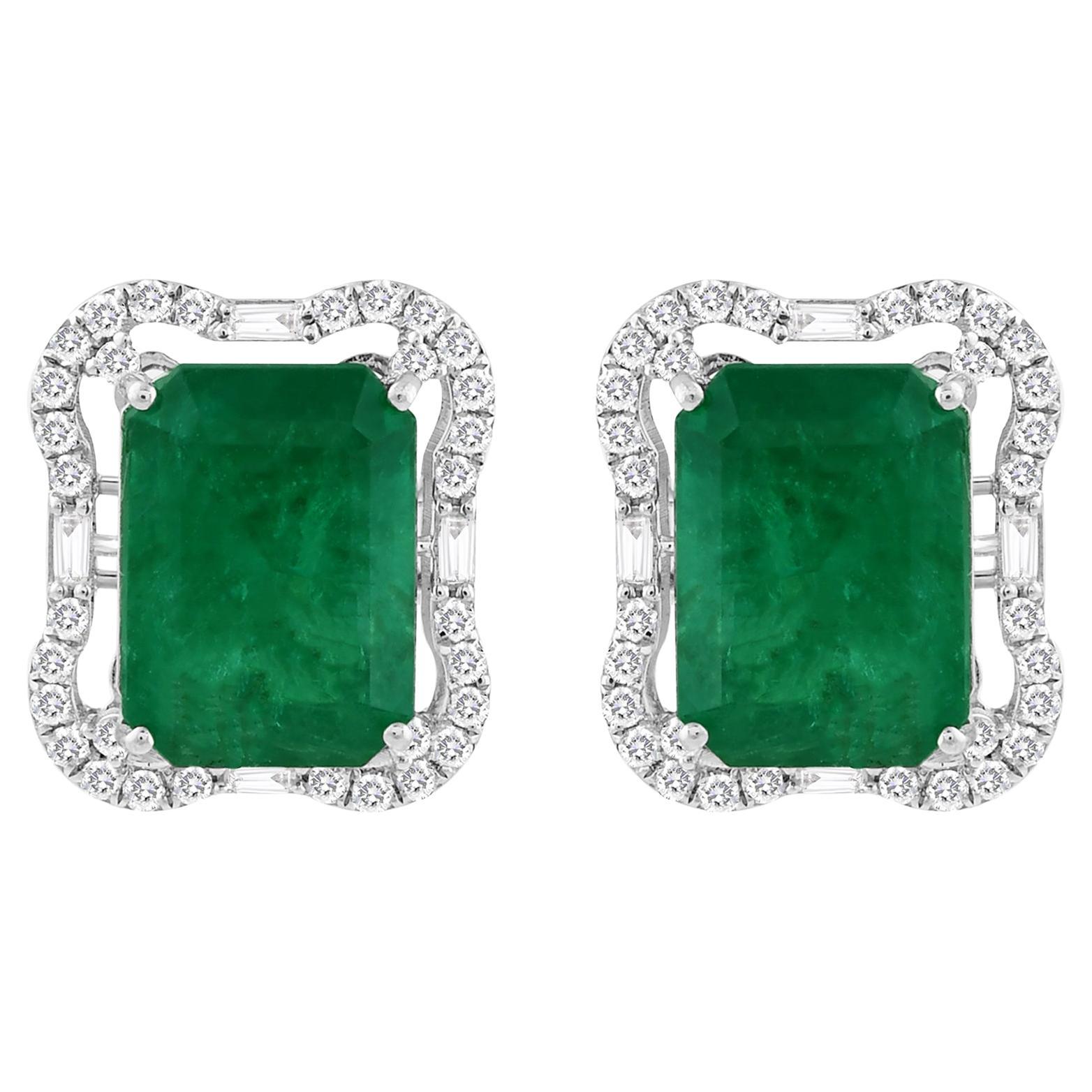 11.54 Carat Zambian Emerald 0.78 Carat SI/H Diamond Earrings 18 Karat White Gold For Sale