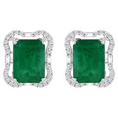11.54 Carat Zambian Emerald 0.78 Carat SI/H Diamond Earrings 18 Karat White Gold