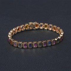 11.54 Carats Rainbow Sapphire Link Bracelet, Emerald Cut, 14k Solid Yellow Gold