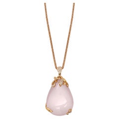 115.48ct Rose Quartz & Diamond 18K Rose Gold Large Pear Shape Pendant Necklace