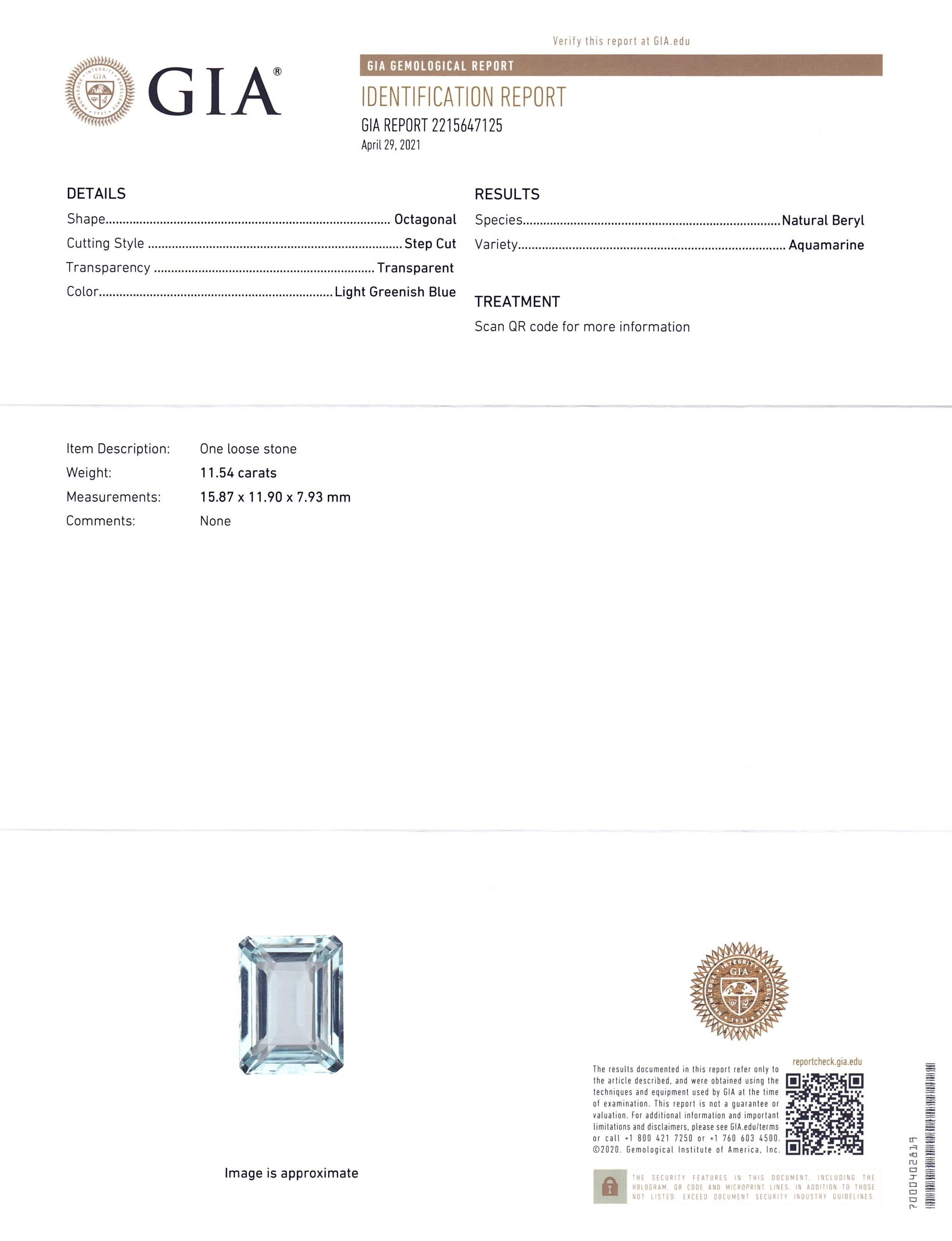  This is a stunning GIA Certified Aquamarine

 

The GIA report reads as follows:

GIA Report Number: 2215647125
Shape: Octagonal
Cutting Style: Step Cut
Cutting Style: Crown:
Cutting Style: Pavilion:
Transparency: Transparent
Color: Light Greenish