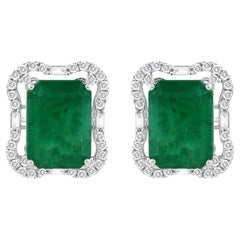 11.54ct Zambian Emerald 0.78ct SI/H Diamond Stud Earrings 14 Karat White Gold