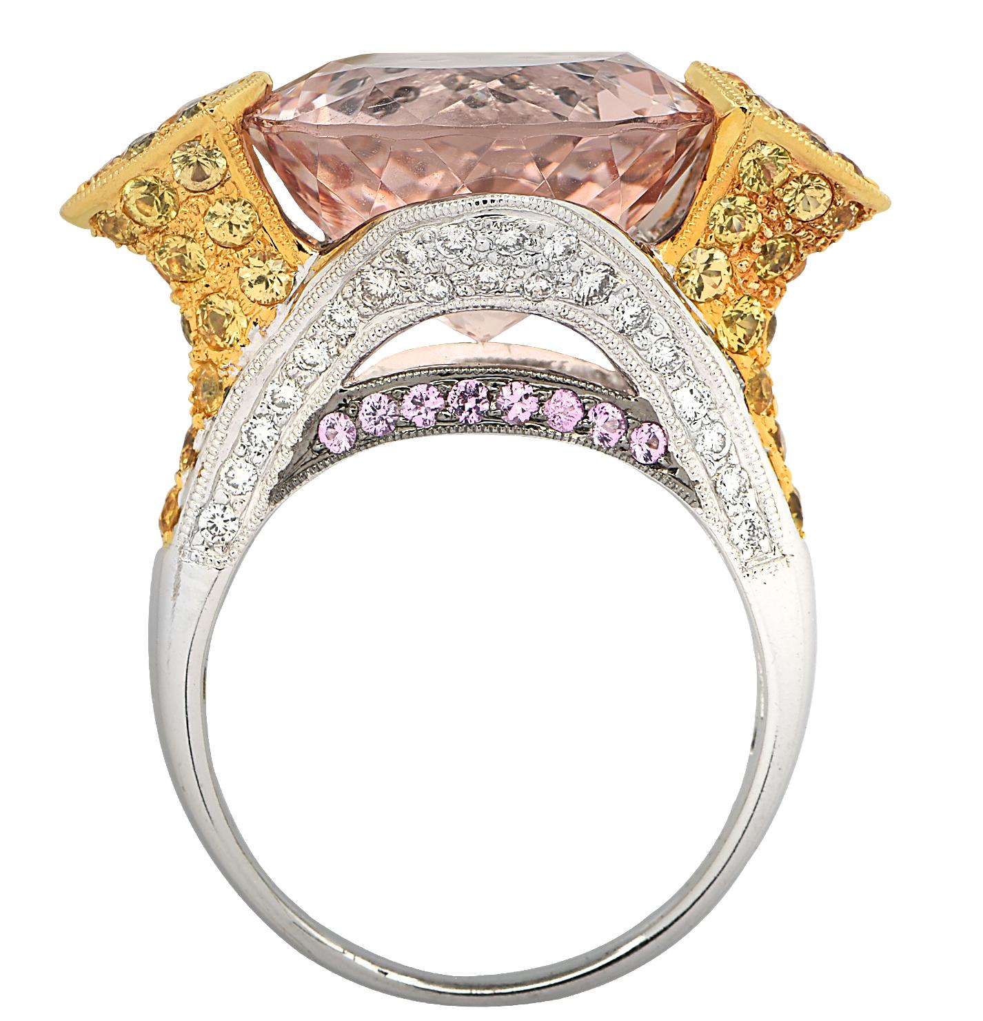 Modern 11.55 Carat Morganite, Sapphire and Diamond Cocktail Ring