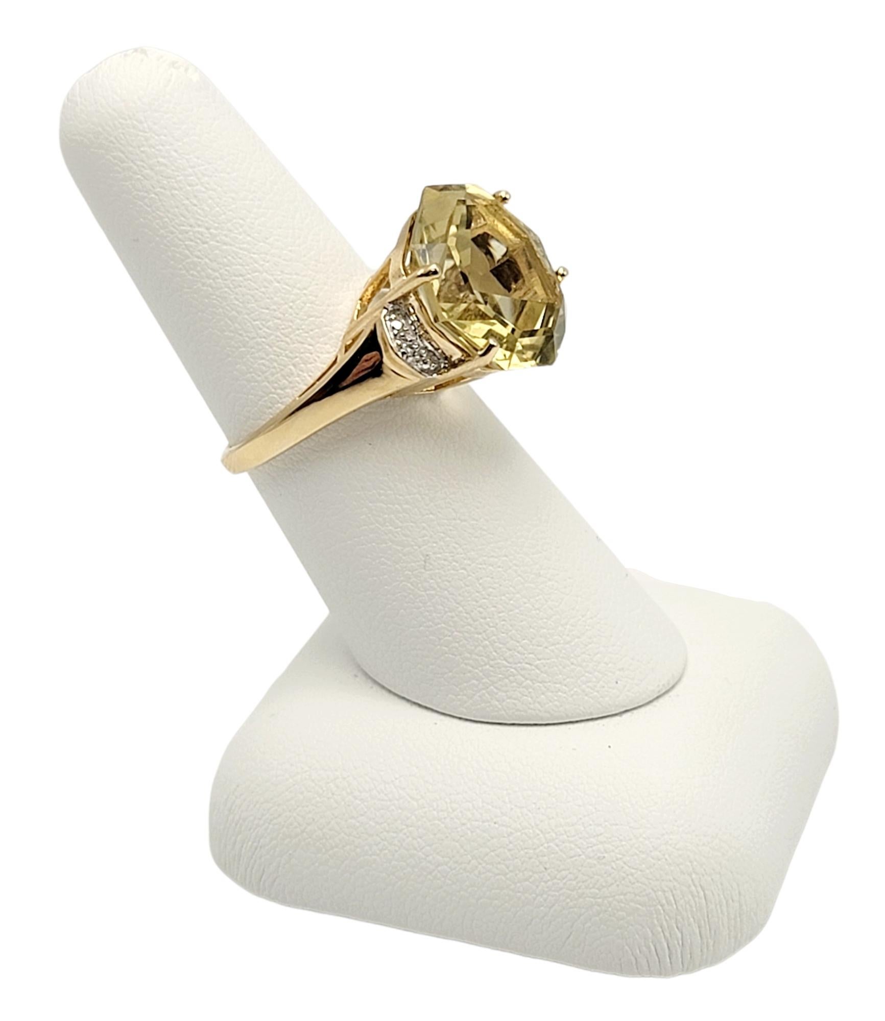 11.55 Carat Octagonal Cut Citrine Solitaire Cocktail Ring with Diamond Accents For Sale 1