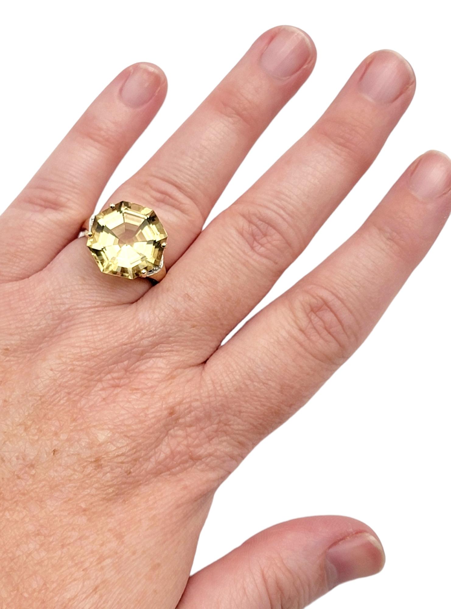 11.55 Carat Octagonal Cut Citrine Solitaire Cocktail Ring with Diamond Accents For Sale 2