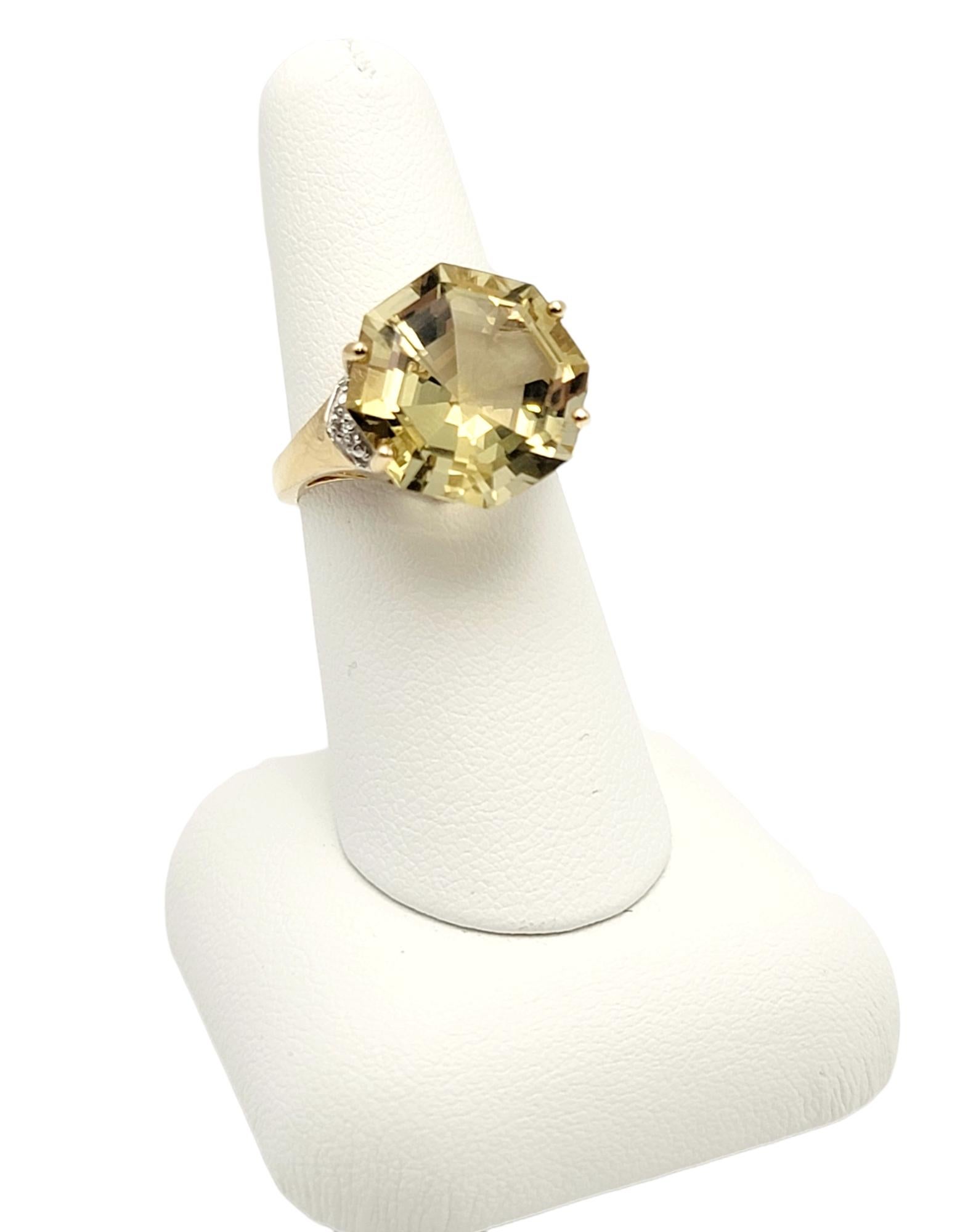 Women's 11.55 Carat Octagonal Cut Citrine Solitaire Cocktail Ring with Diamond Accents For Sale
