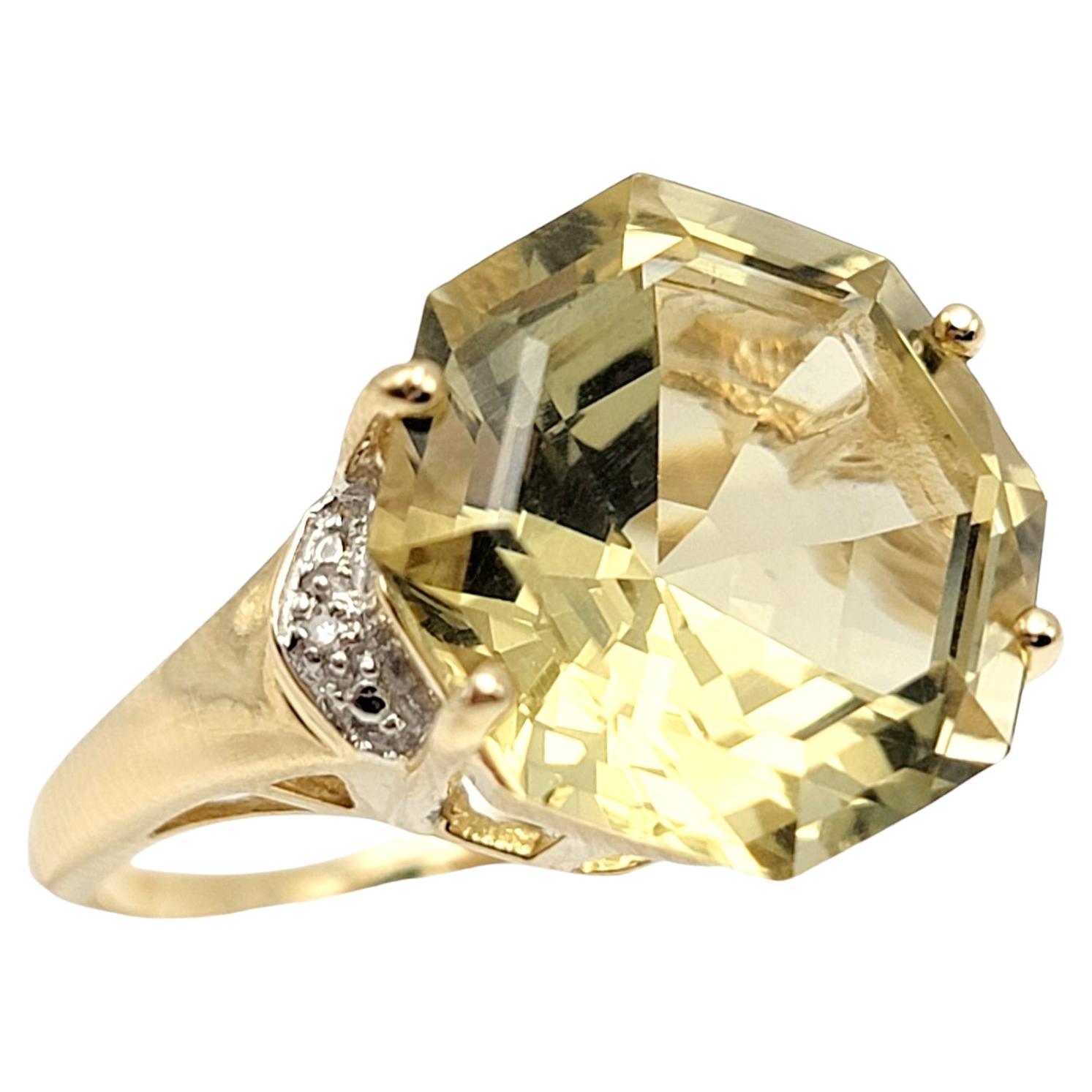 11.55 Carat Octagonal Cut Citrine Solitaire Cocktail Ring with Diamond Accents For Sale