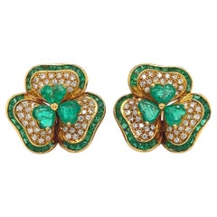 11.55 Total CT Lucky Clover 18K Yellow Gold Diamond & Colombian Emerald Earrings