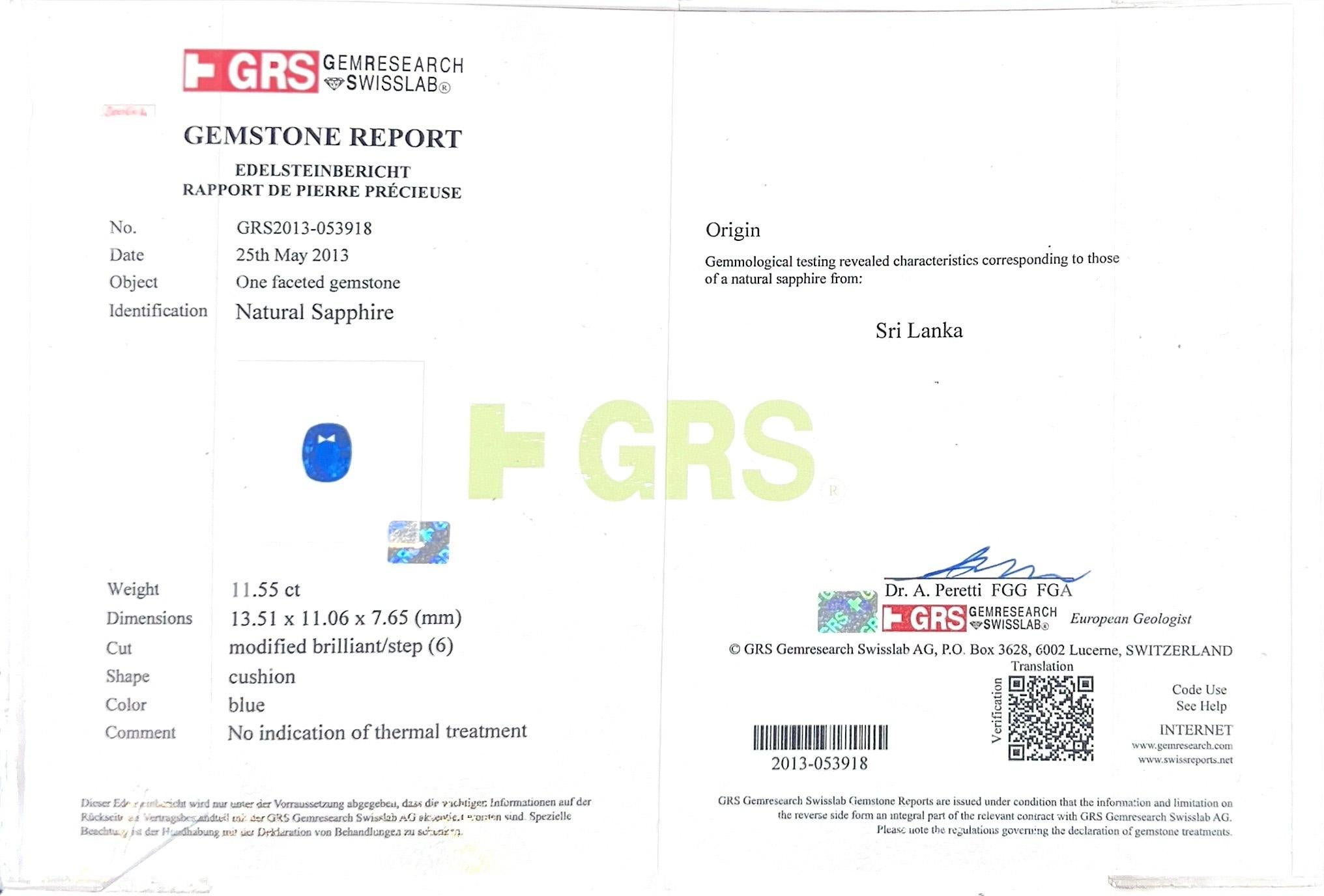 11.55ct Unheated Sri Lankan Sapphire and Diamond Ring with GRS Certificate in vendita 1