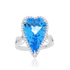 11.55CT's Heart Shape Swiss Blue Topaz & Diamond Ring 14k White Gold