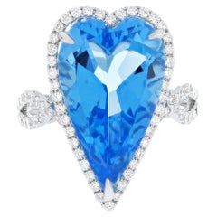 11.55CT's Heart Shape Swiss Blue Topaz & Diamond Ring 14k White Gold